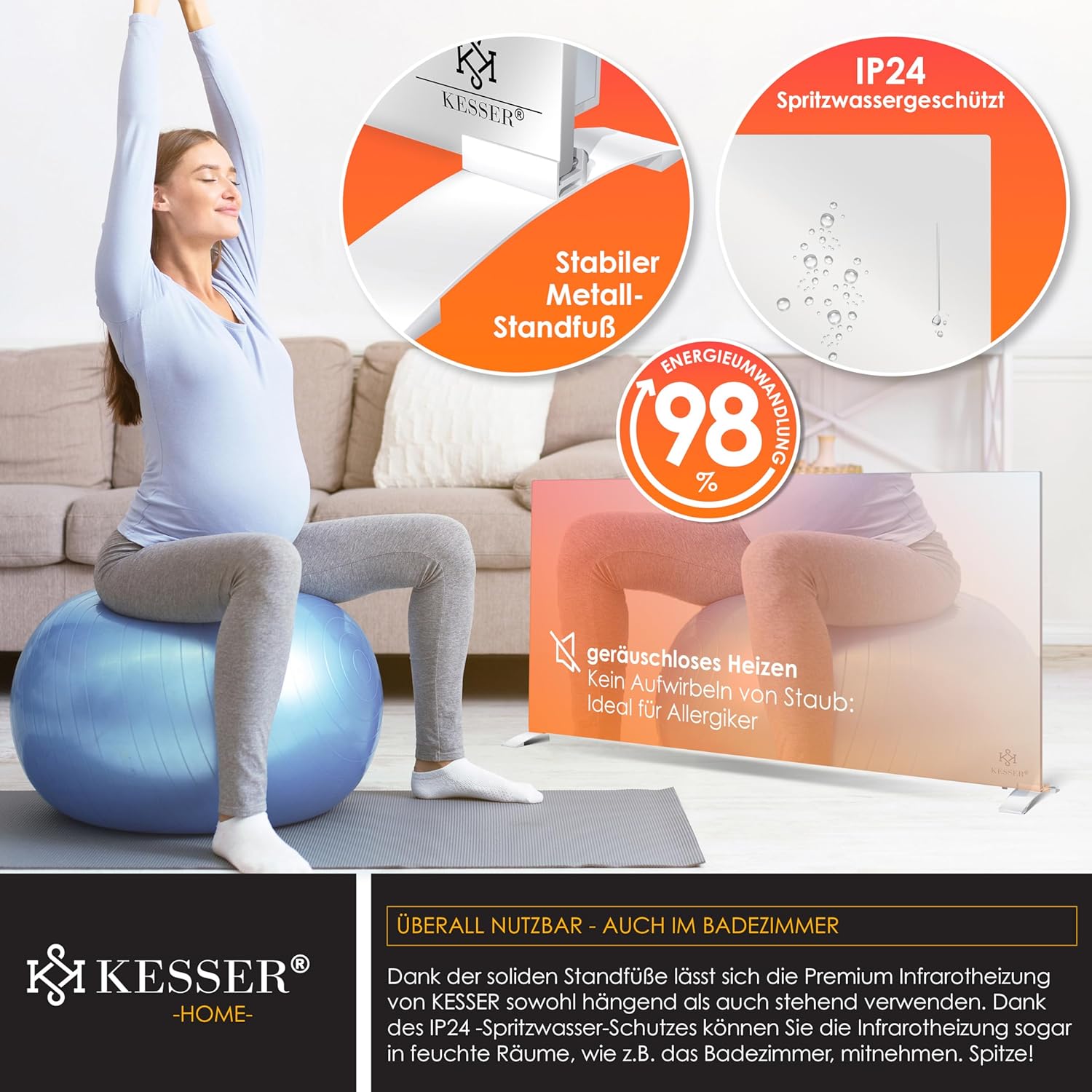 KESSER® Infrarotheizung 500W Spiegelheizung Energiesparend 2in1 Standgerät & Wandmontage Elektroheizung mit Erkennung Offener Fenster + Fernbedienung & App-Steuerung Thermostat Infrarot Heizpaneel — Ansicht 6