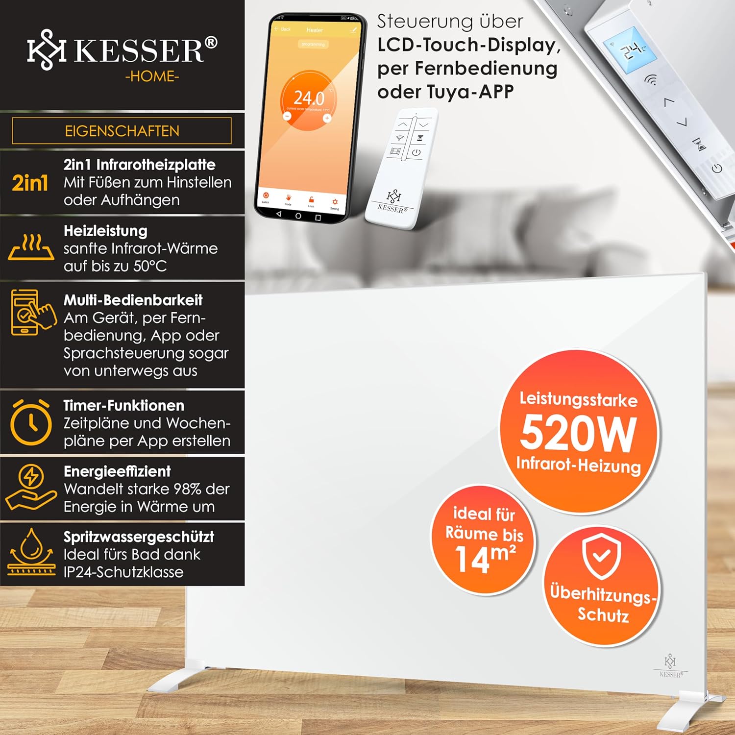 KESSER® Infrarotheizung 520W Aluminiumheizung Energiesparend 2in1 Standgerät & Wandmontage Elektroheizung mit Erkennung Offener Fenster + Fernbedienung & App-Steuerung Thermostat Infrarot Heizpaneel — Ansicht 2