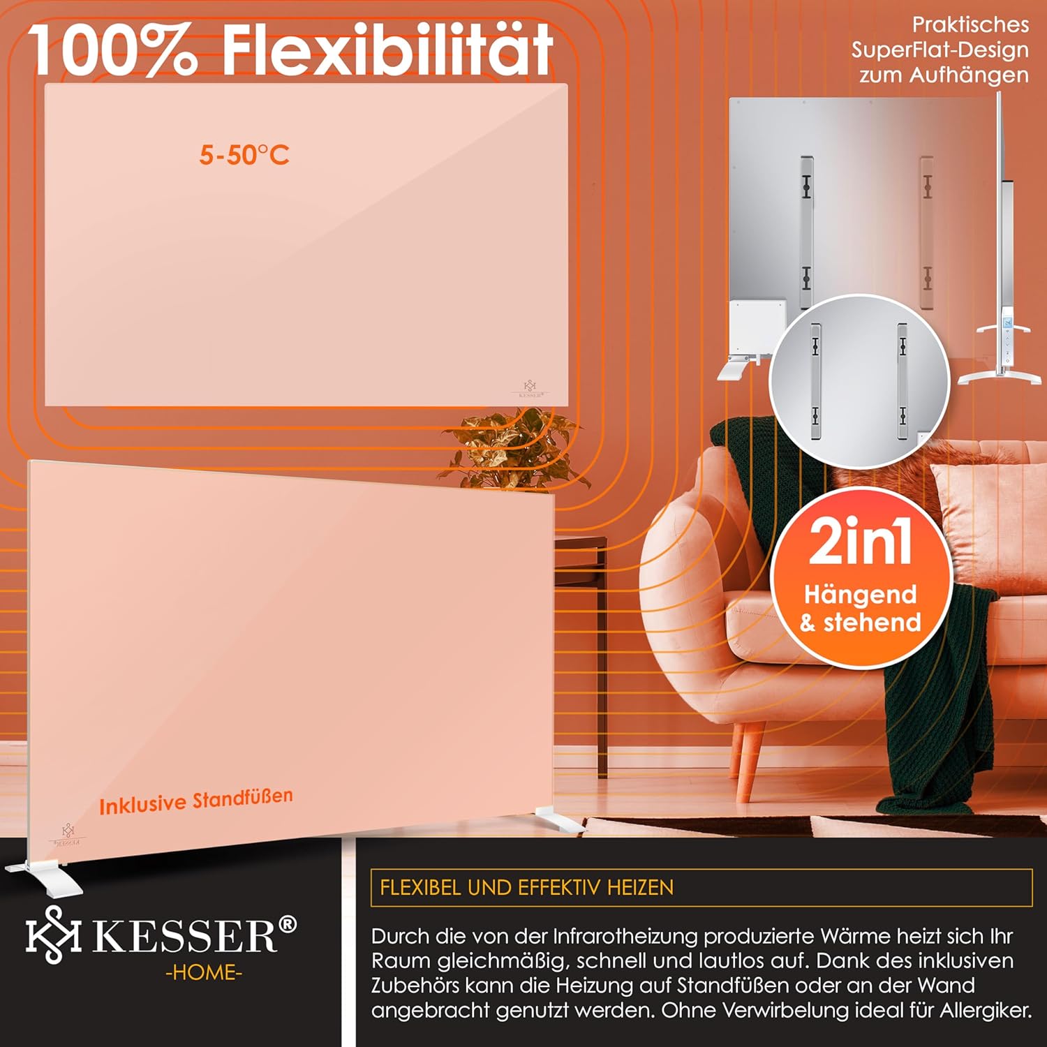 KESSER® Infrarotheizung 520W Aluminiumheizung Energiesparend 2in1 Standgerät & Wandmontage Elektroheizung mit Erkennung Offener Fenster + Fernbedienung & App-Steuerung Thermostat Infrarot Heizpaneel — Ansicht 4