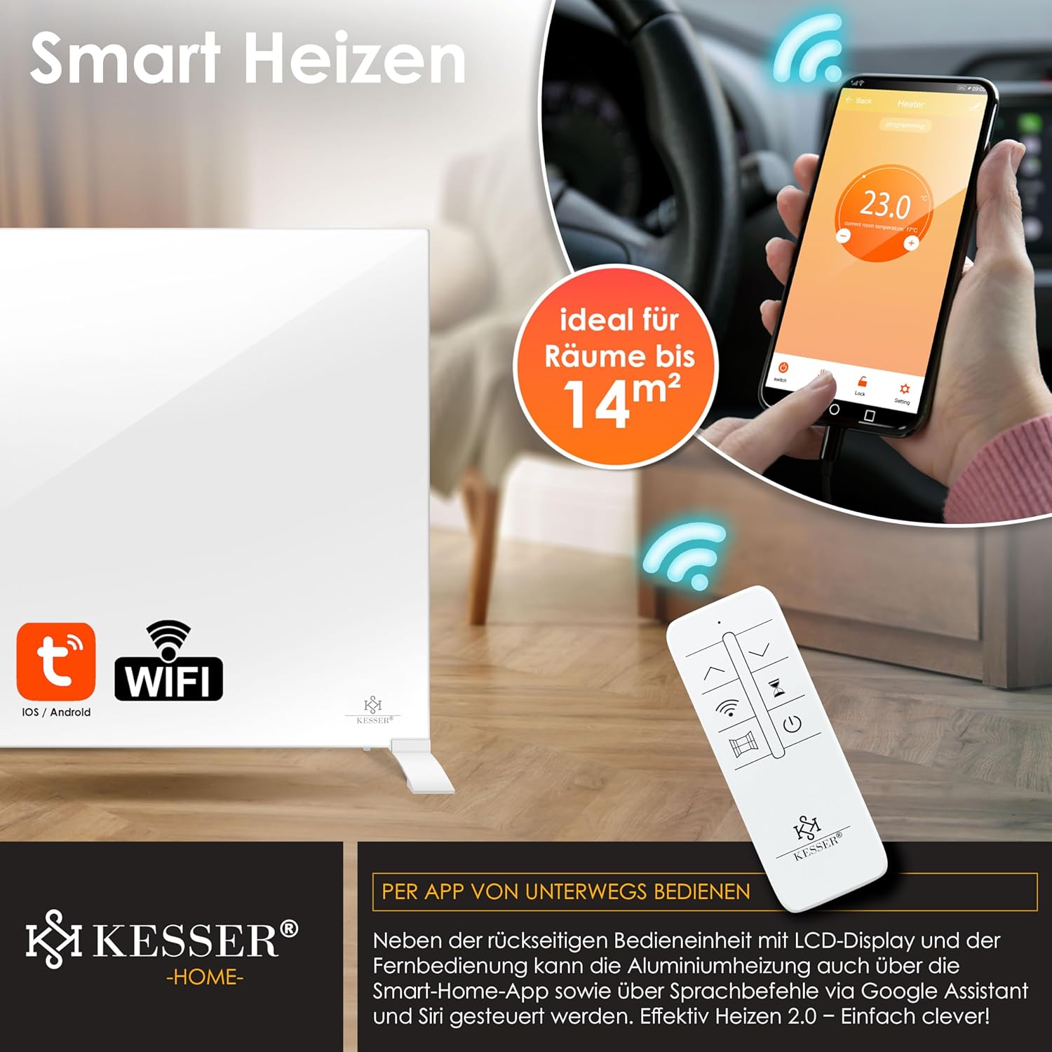 KESSER® Infrarotheizung 520W Aluminiumheizung Energiesparend 2in1 Standgerät & Wandmontage Elektroheizung mit Erkennung Offener Fenster + Fernbedienung & App-Steuerung Thermostat Infrarot Heizpaneel — Ansicht 5
