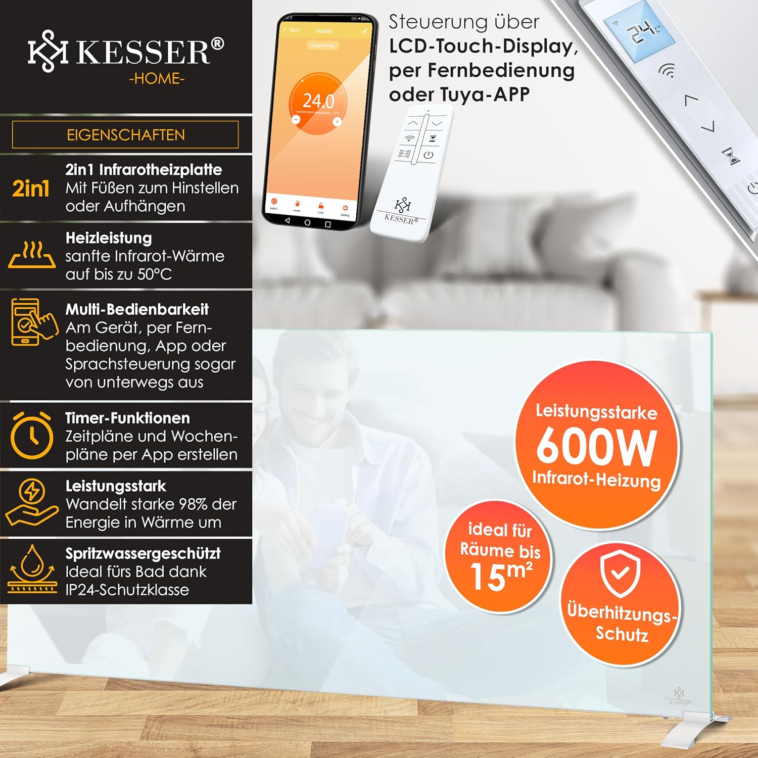 KESSER® Infrarotheizung 600W Glaskonvektor Glasheizung Energiesparend 2in1 Standgerät & Wandmontage Elektroheizung mit Erkennung Offener Fenster + Fernbedienung & App-Steuerung Thermostat Heizpaneel — Ansicht 2