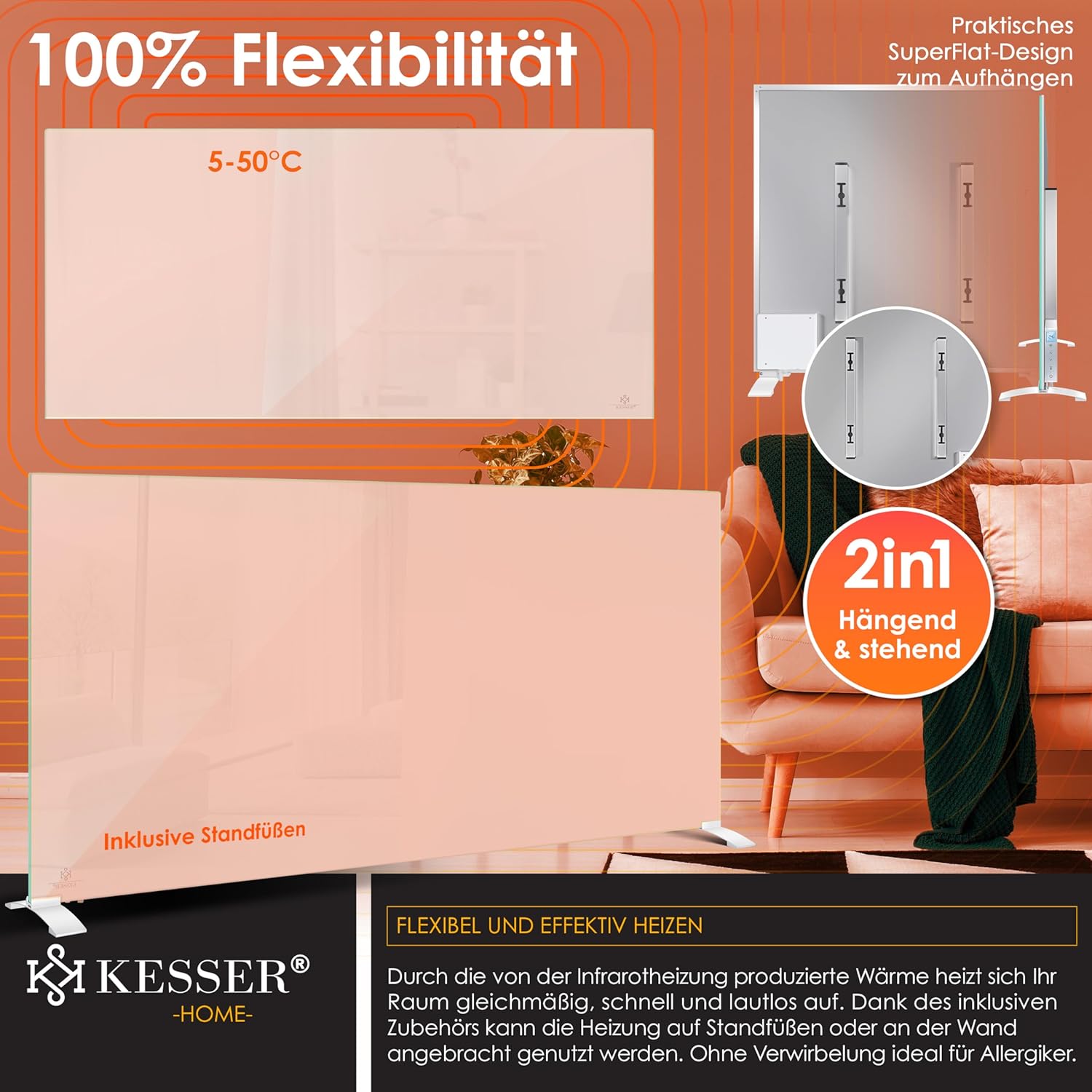 KESSER® Infrarotheizung 600W Glaskonvektor Glasheizung Energiesparend 2in1 Standgerät & Wandmontage Elektroheizung mit Erkennung Offener Fenster + Fernbedienung & App-Steuerung Thermostat Heizpaneel — Ansicht 4