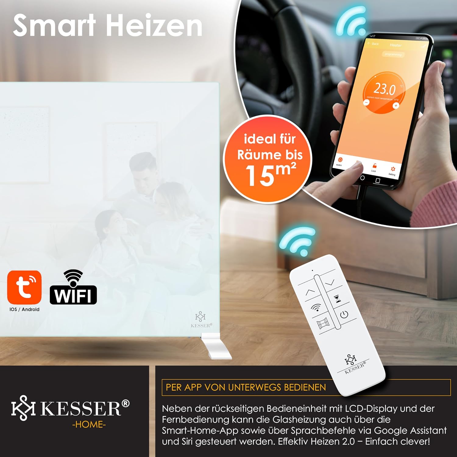 KESSER® Infrarotheizung 600W Glaskonvektor Glasheizung Energiesparend 2in1 Standgerät & Wandmontage Elektroheizung mit Erkennung Offener Fenster + Fernbedienung & App-Steuerung Thermostat Heizpaneel — Ansicht 5