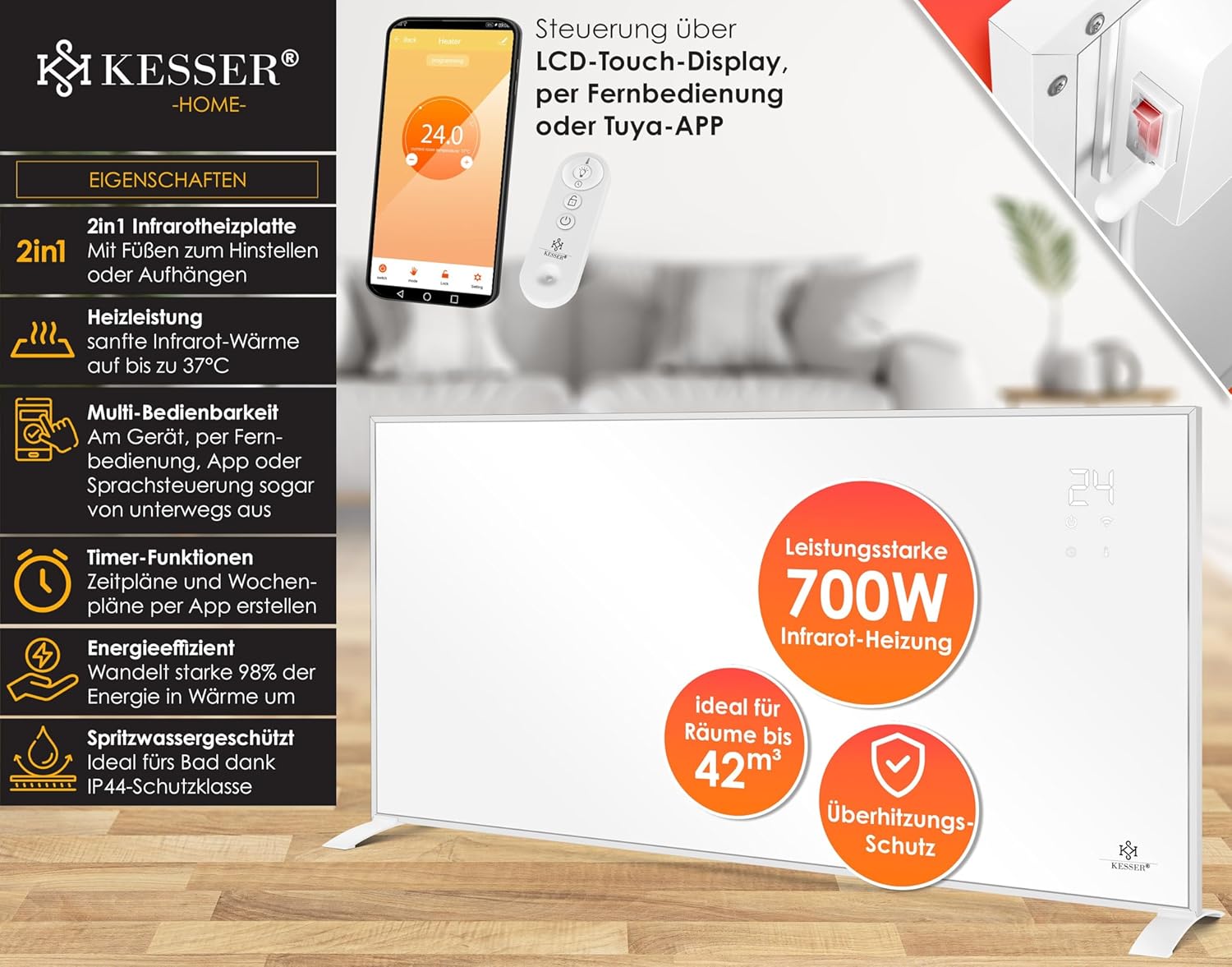KESSER® Infrarotheizung Energiesparend Infrarot Standgerät & Wandmontage Elektroheizung 700W mit Fernbedienung Thermostat & App-Steuerung Elektrisch Heizpaneel Heizung Konvektor Standfüße — Ansicht 2