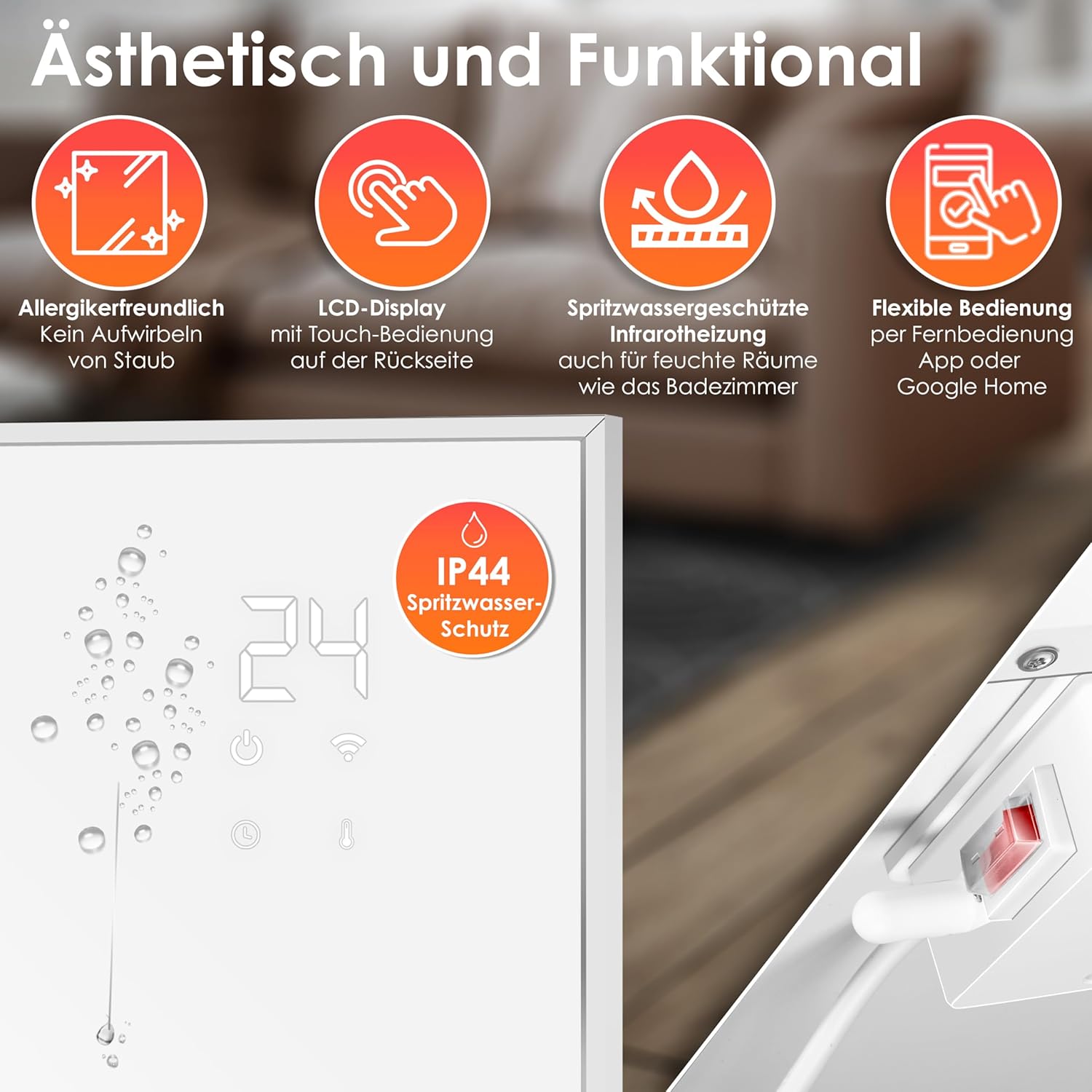 KESSER® Infrarotheizung Energiesparend Infrarot Standgerät & Wandmontage Elektroheizung 700W mit Fernbedienung Thermostat & App-Steuerung Elektrisch Heizpaneel Heizung Konvektor Standfüße — Ansicht 3