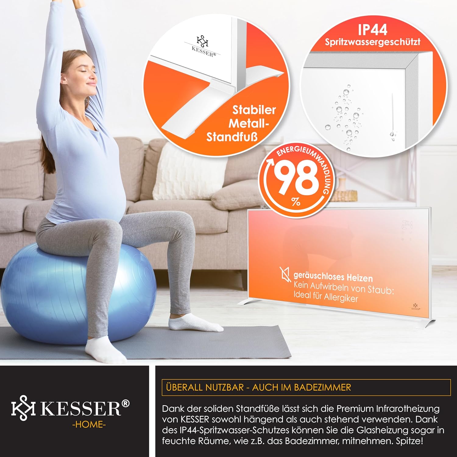 KESSER® Infrarotheizung Energiesparend Infrarot Standgerät & Wandmontage Elektroheizung 700W mit Fernbedienung Thermostat & App-Steuerung Elektrisch Heizpaneel Heizung Konvektor Standfüße — Ansicht 6