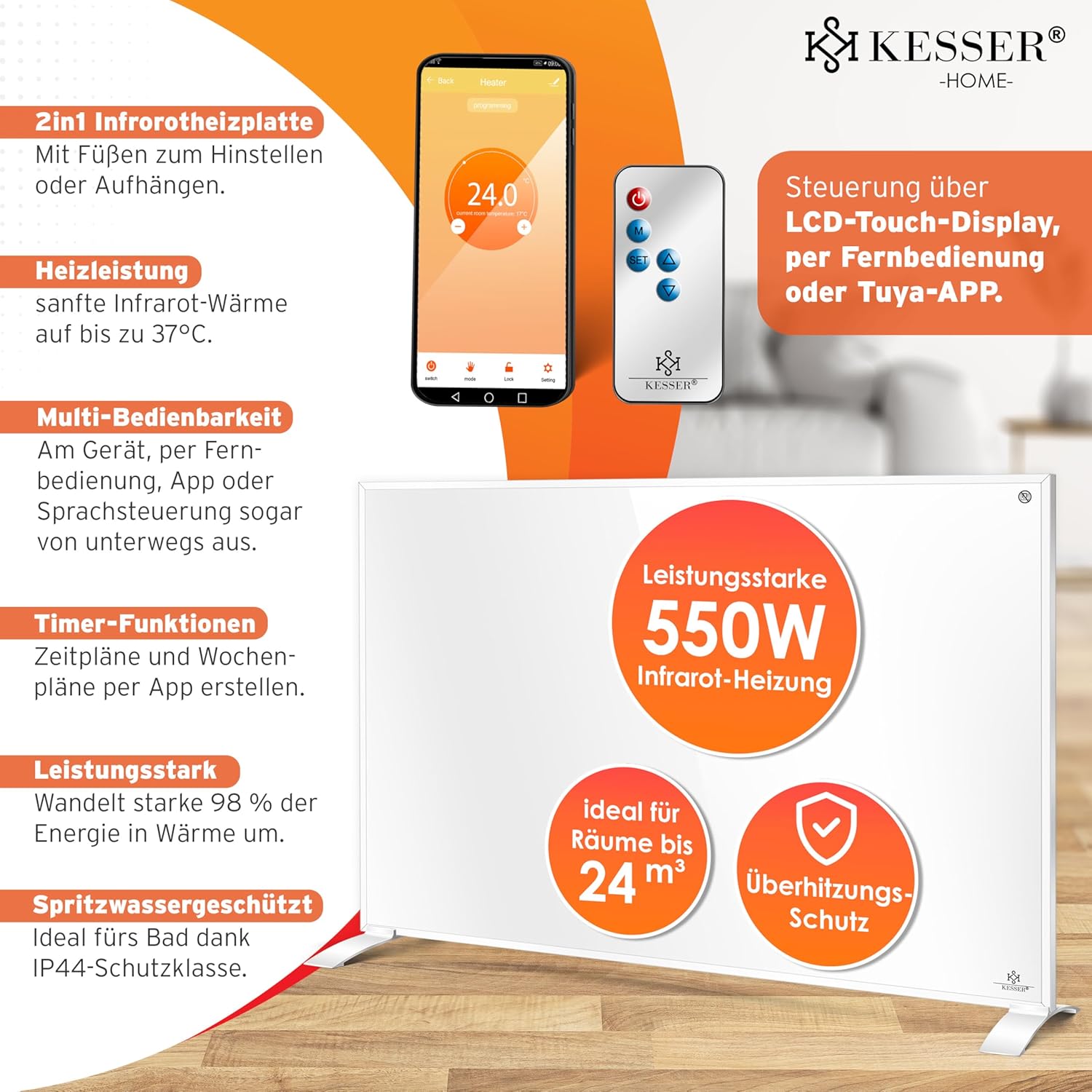 KESSER® Infrarotheizung Infrarot Standgerät & Wandmontage Elektroheizung 550W mit Fernbedienung Thermostat & App-Steuerung Elektrisch Heizpaneel Heizung Konvektor Standfüße — Ansicht 2