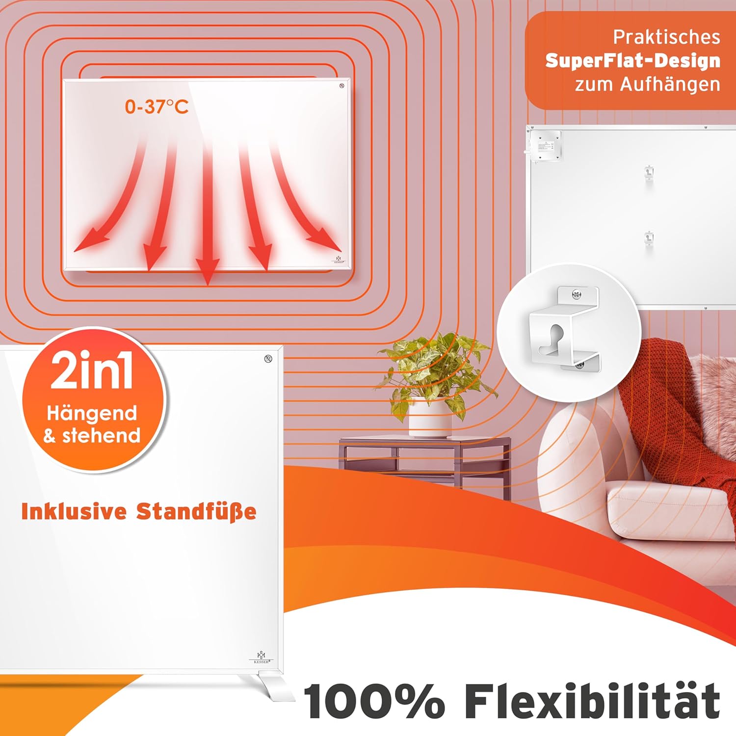 KESSER® Infrarotheizung Infrarot Standgerät & Wandmontage Elektroheizung 550W mit Fernbedienung Thermostat & App-Steuerung Elektrisch Heizpaneel Heizung Konvektor Standfüße — Ansicht 4