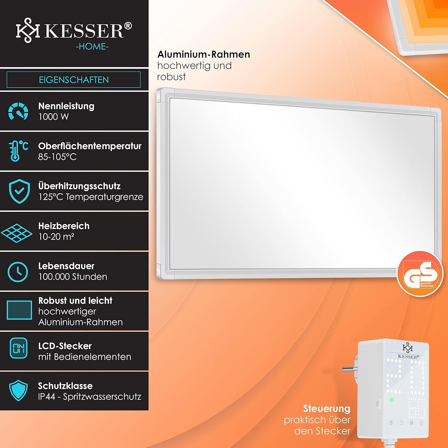KESSER® Infrarotheizung Mit Thermostat Infrarotheizkörper Elektroheizung Infrarot Heizung Wandheizung - 28 unterschiedliche Routineprogramme, Heizkörper Heizpaneel 1000W Mit Steckdosenthermostat — Ansicht 2