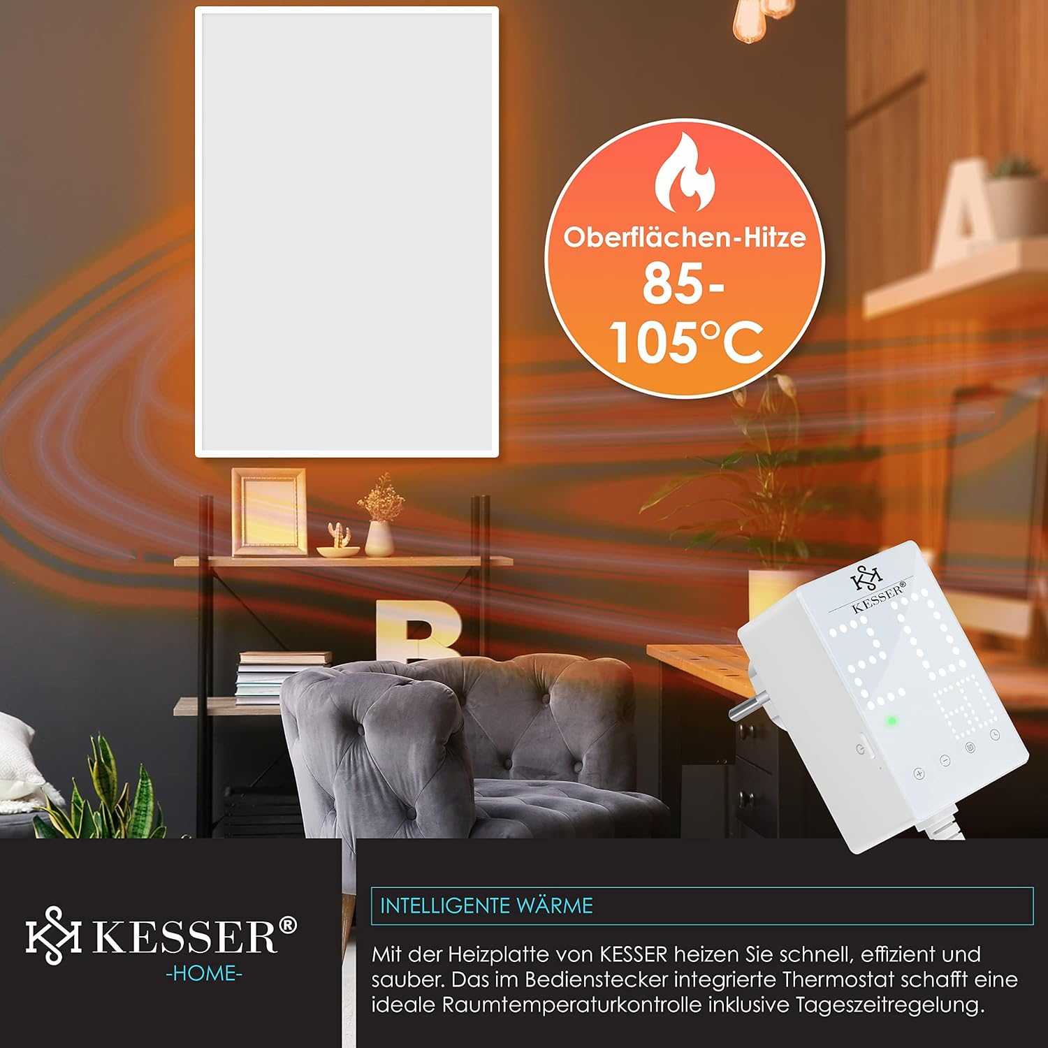 KESSER® Infrarotheizung Mit Thermostat Infrarotheizkörper Elektroheizung Infrarot Heizung Wandheizung - 28 unterschiedliche Routineprogramme, Heizkörper Heizpaneel 1000W Mit Steckdosenthermostat — Ansicht 5