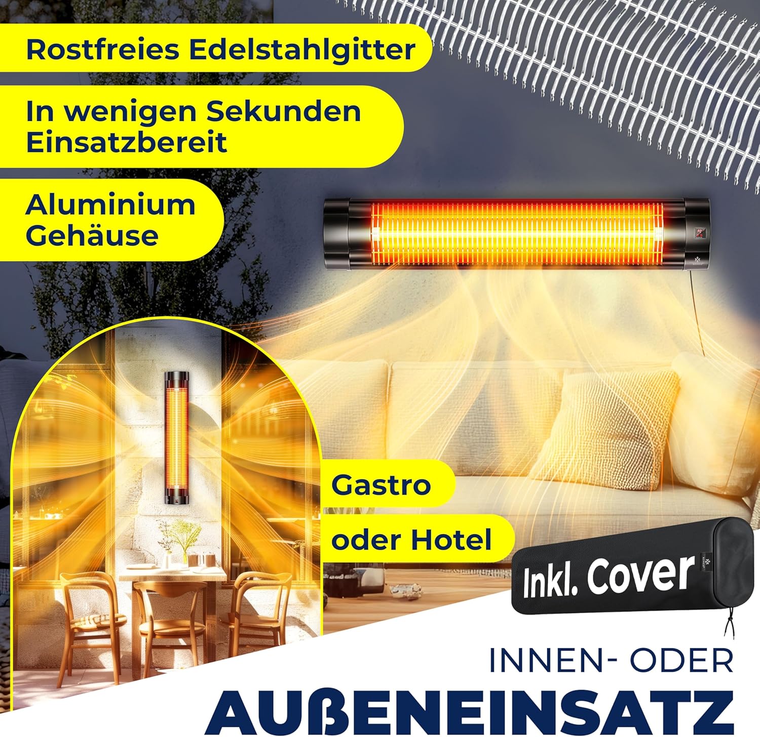 KESSER® Infrarotstrahler 2500W Infrarot Heizstrahler mit Fernbedienung, 3 Stufen, Instant-Heat, Wandhalterung, Terrassenstrahler, Quarzstrahler, Terrassenheizer, inkl. Schutzhülle, Timer - Schwarz — Ansicht 4