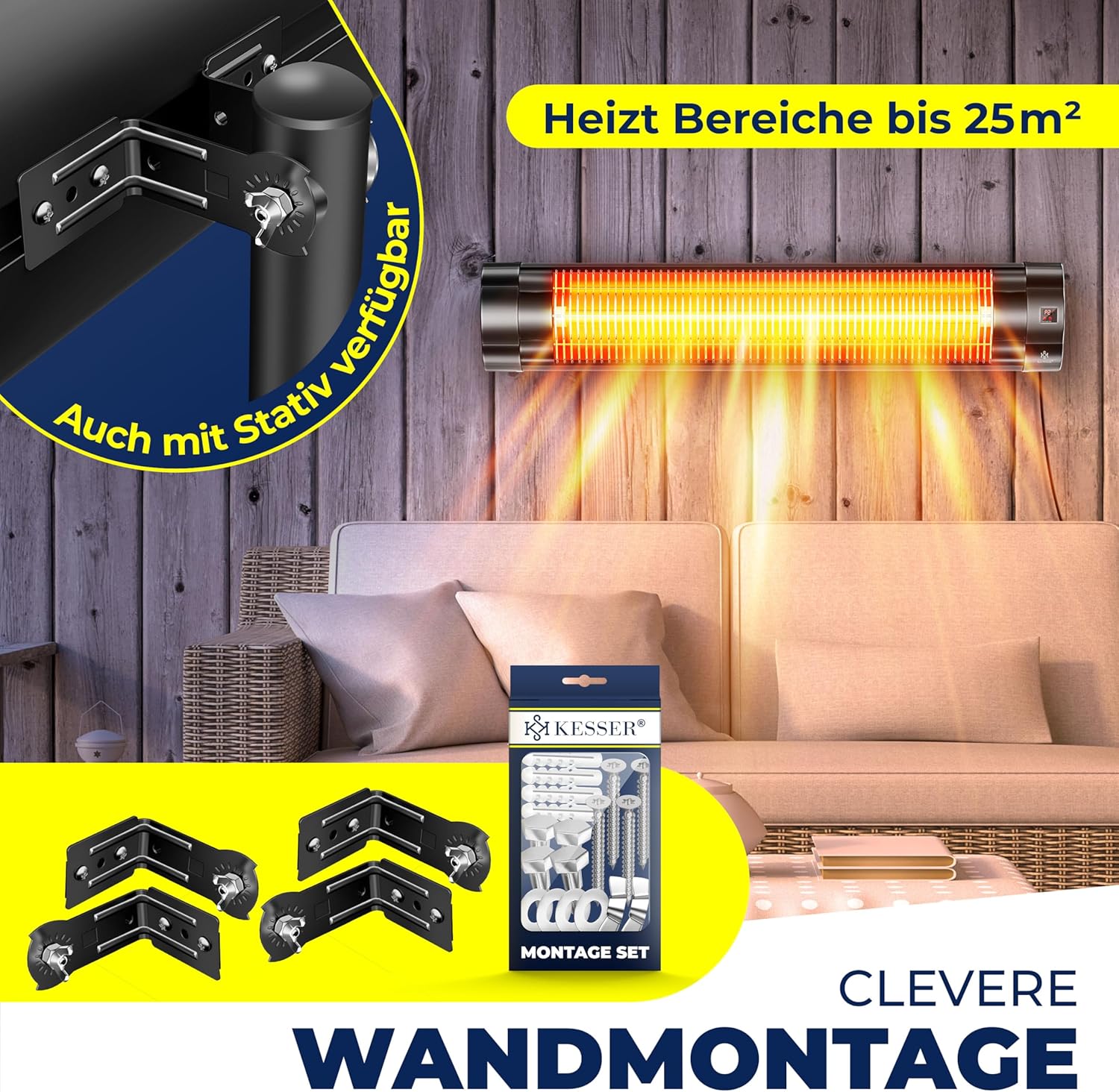 KESSER® Infrarotstrahler 2500W Infrarot Heizstrahler mit Fernbedienung, 3 Stufen, Instant-Heat, Wandhalterung, Terrassenstrahler, Quarzstrahler, Terrassenheizer, inkl. Schutzhülle, Timer - Schwarz — Ansicht 6