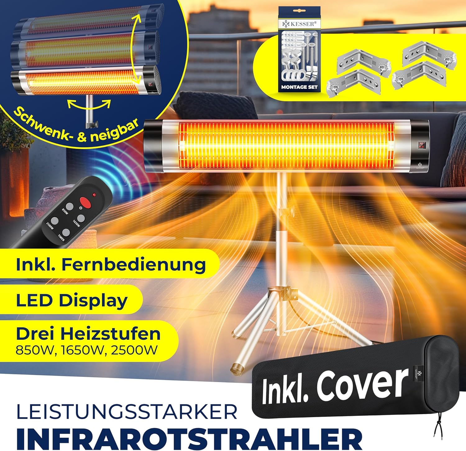 KESSER® Infrarotstrahler Heizstrahler Terrassenstrahler 2500W mit Fernbedienung inkl. Schutzhülle höhenverstellbarem Teleskopstativ Wickeltischstrahler Terrassenheizer Quarzstrahler Infrarot — Ansicht 2