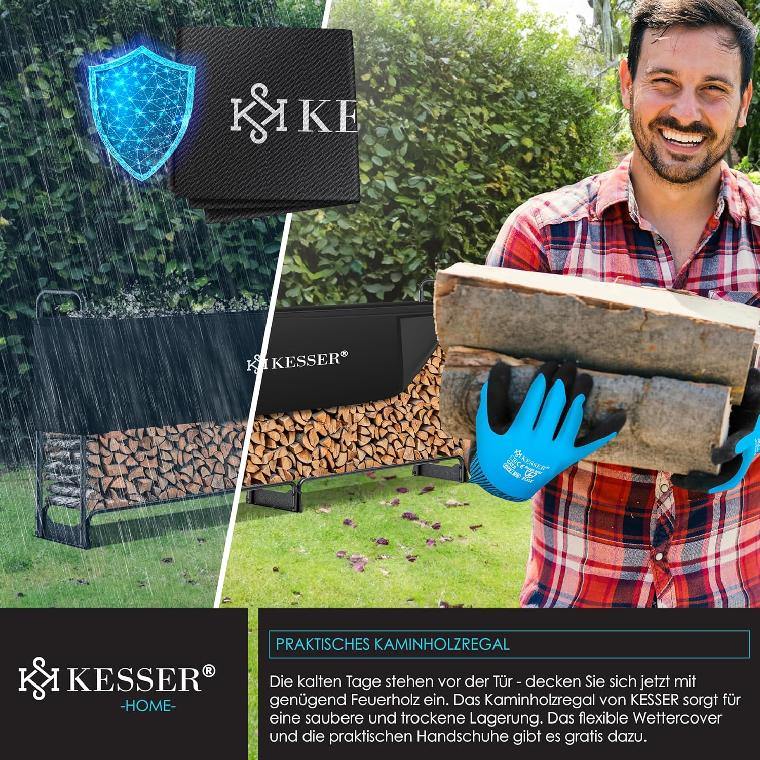 KESSER® Kaminholzregal Metall 260x36x117cm Brennholzregal außen Stahlrahmen + Abdeckung & Handschuhe Kaminholzunterstand 300kg Wasserdichter Holzlager Holzstapelhilfe für Garten Terrasse — Ansicht 6