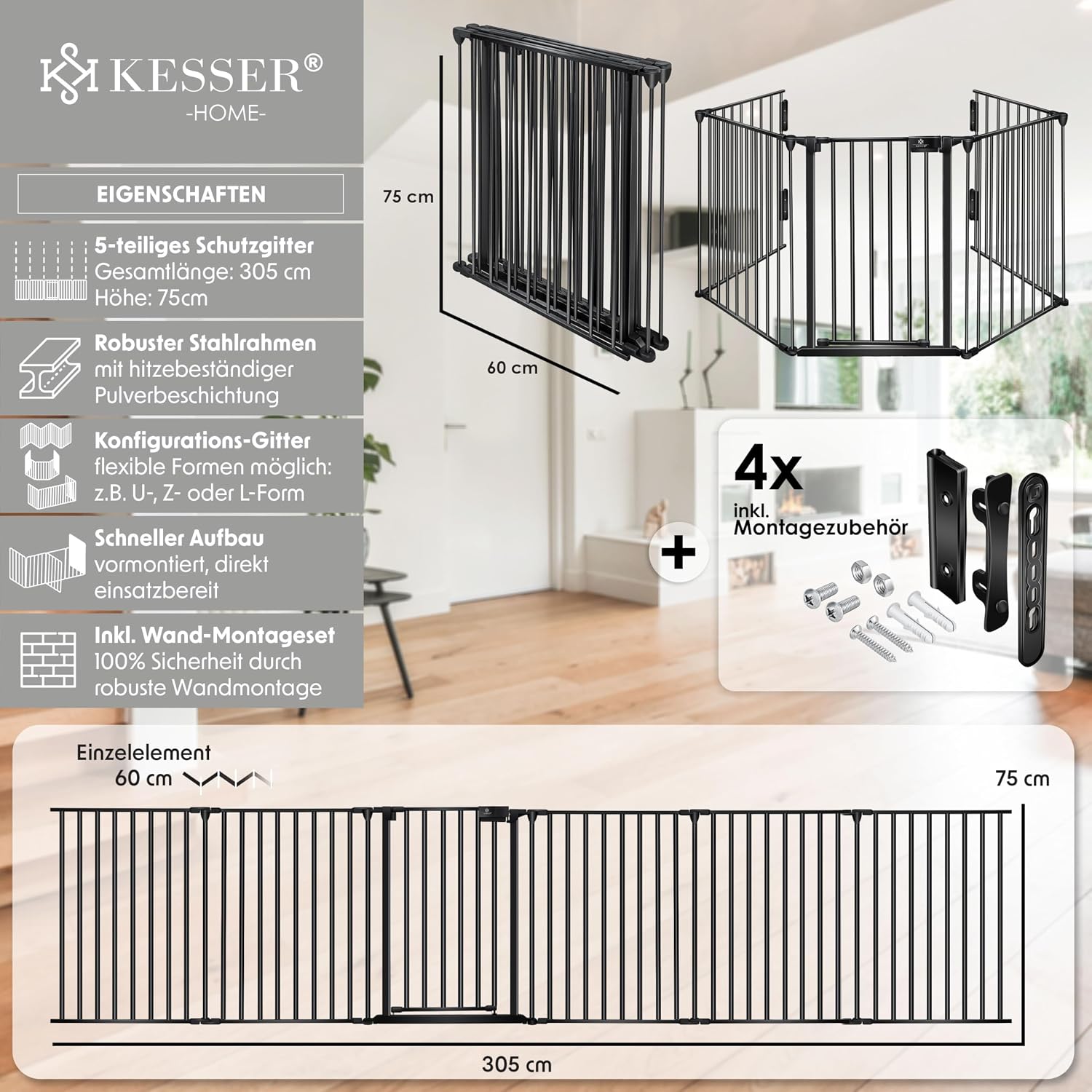 KESSER® Kaminschutzgitter mit Tür 305 cm Metall Ofenschutzgitter Laufgitter Laufstall Absperrgitter Tierschutzgitter Türschutzgitter für Kinder-Sicherung, 5-teilig Elemente (je 60 x 75 cm) Schwarz — Ansicht 2