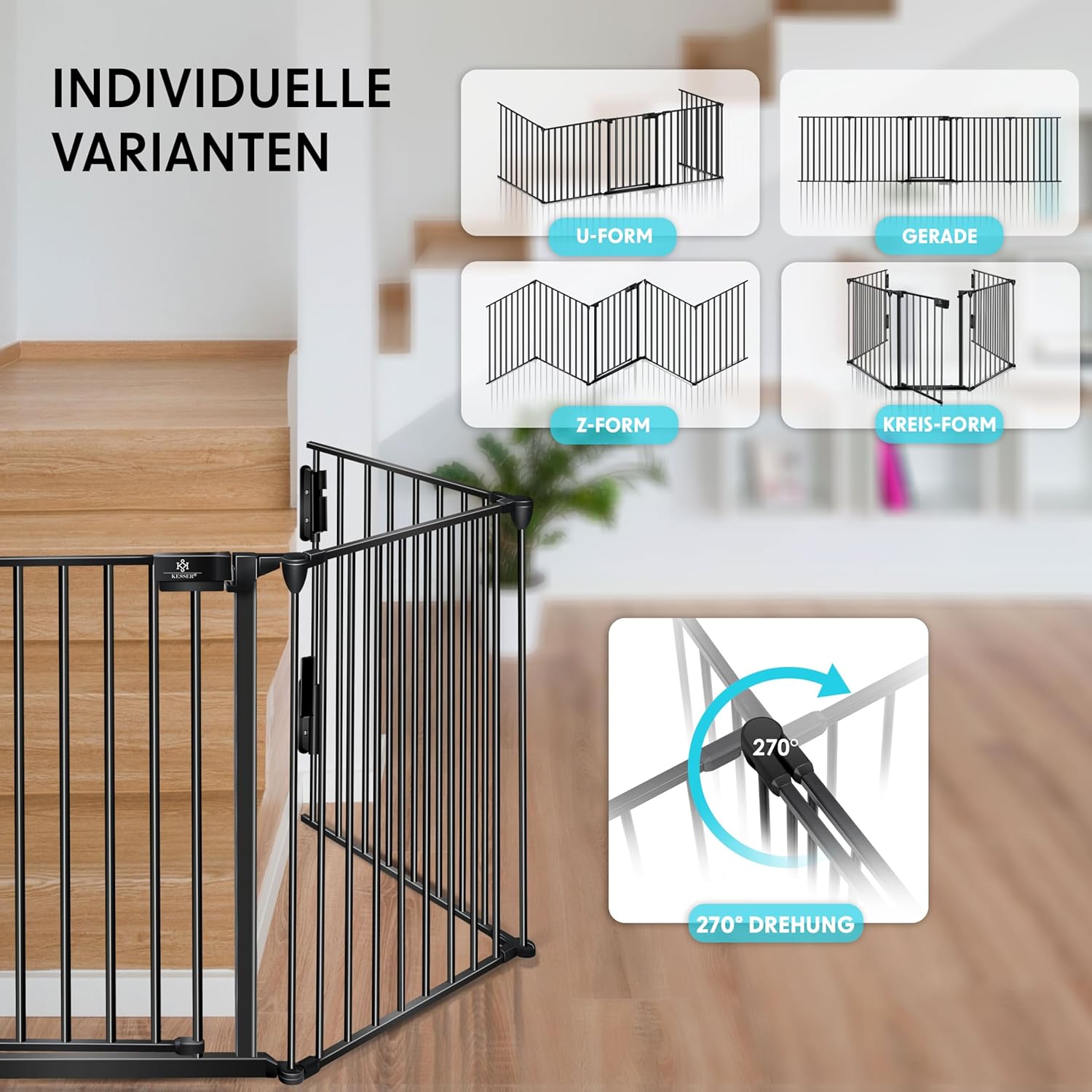KESSER® Kaminschutzgitter mit Tür 305 cm Metall Ofenschutzgitter Laufgitter Laufstall Absperrgitter Tierschutzgitter Türschutzgitter für Kinder-Sicherung, 5-teilig Elemente (je 60 x 75 cm) Schwarz — Ansicht 3