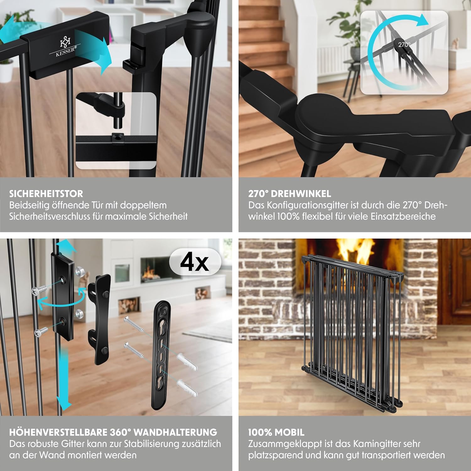 KESSER® Kaminschutzgitter mit Tür 305 cm Metall Ofenschutzgitter Laufgitter Laufstall Absperrgitter Tierschutzgitter Türschutzgitter für Kinder-Sicherung, 5-teilig Elemente (je 60 x 75 cm) Schwarz — Ansicht 4
