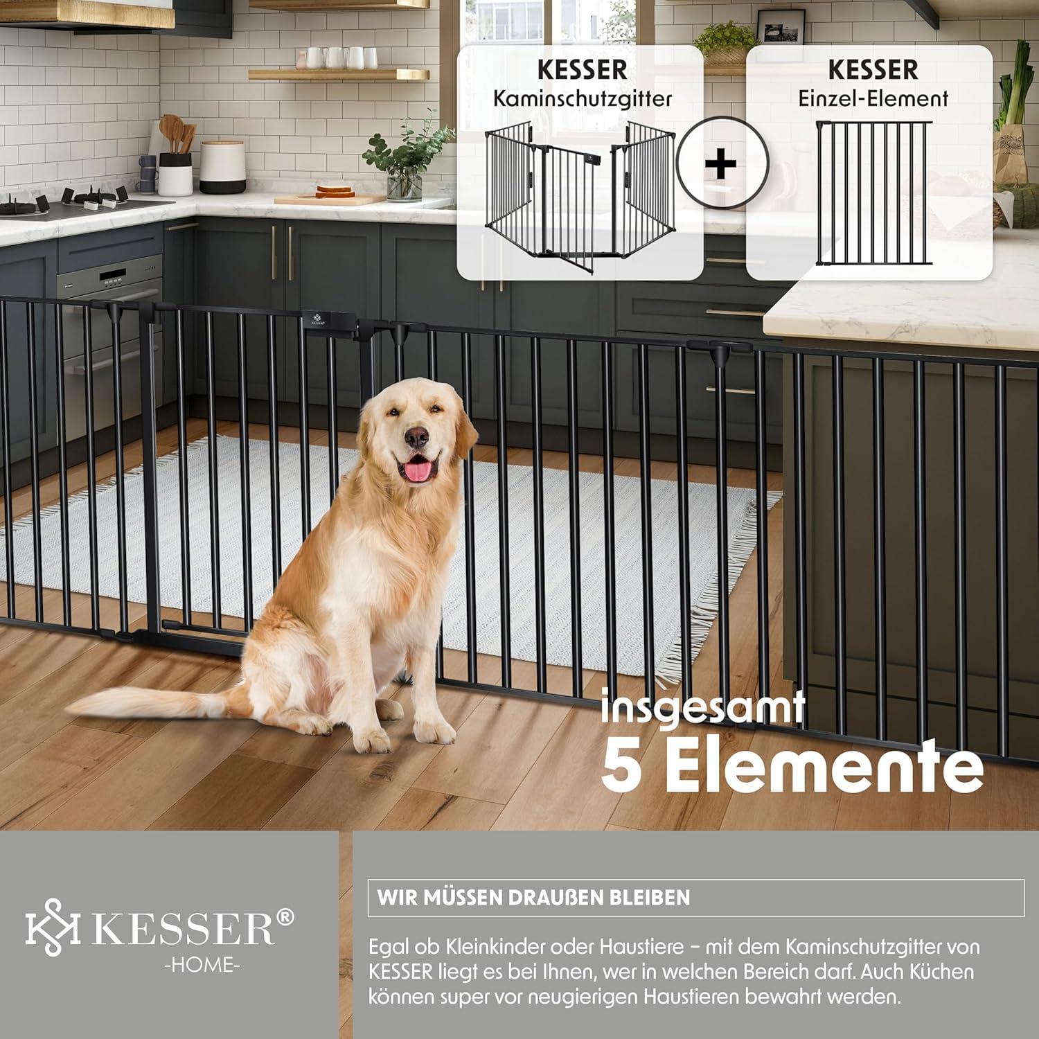 KESSER® Kaminschutzgitter mit Tür 305 cm Metall Ofenschutzgitter Laufgitter Laufstall Absperrgitter Tierschutzgitter Türschutzgitter für Kinder-Sicherung, 5-teilig Elemente (je 60 x 75 cm) Schwarz — Ansicht 5