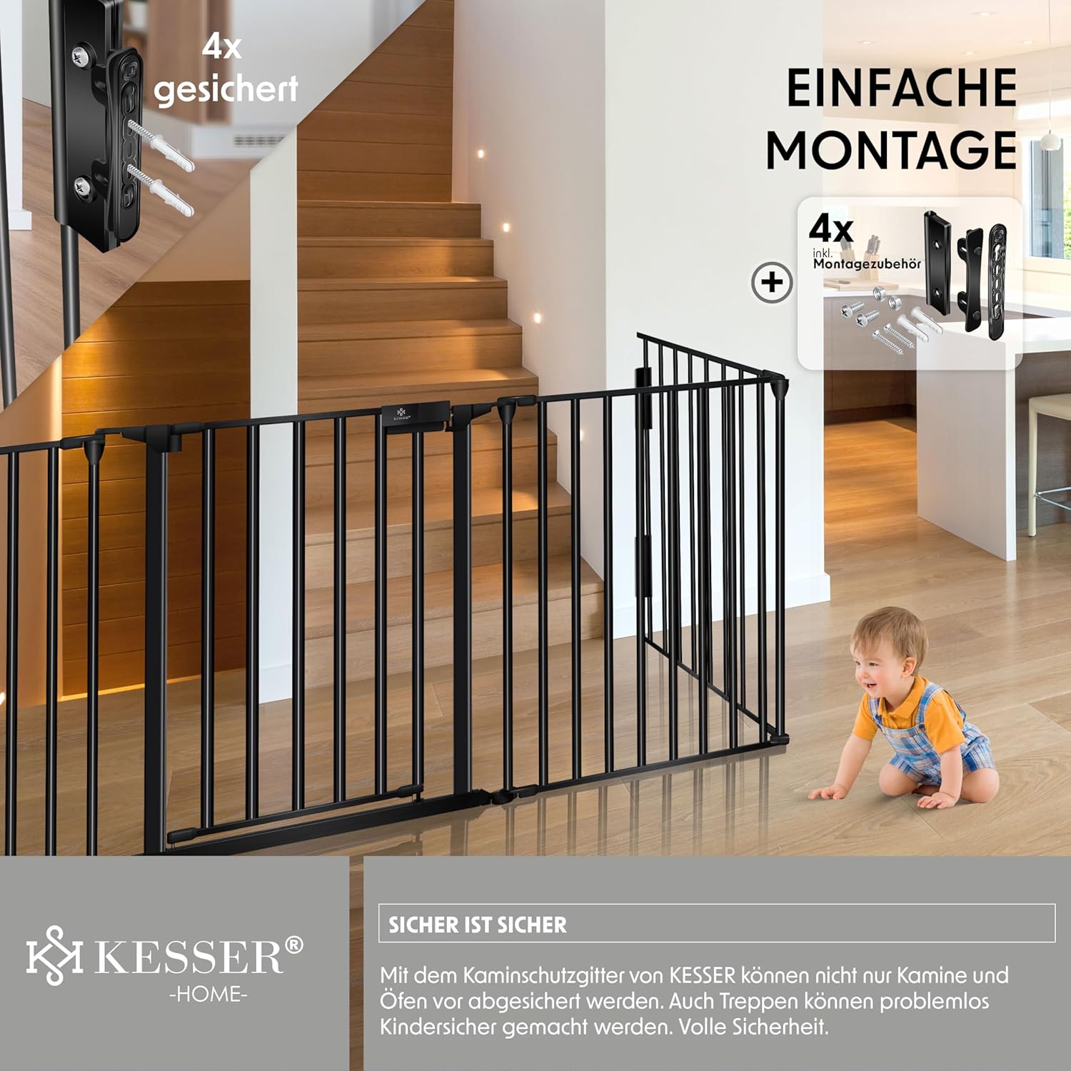 KESSER® Kaminschutzgitter mit Tür 305 cm Metall Ofenschutzgitter Laufgitter Laufstall Absperrgitter Tierschutzgitter Türschutzgitter für Kinder-Sicherung, 5-teilig Elemente (je 60 x 75 cm) Schwarz — Ansicht 6
