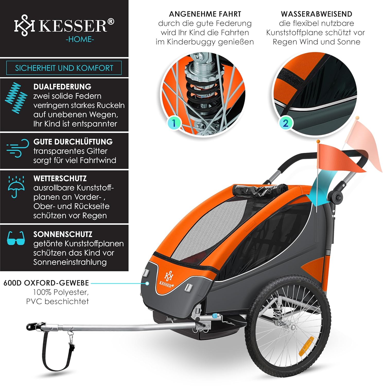 KESSER® Kinderanhänger Fahrradanhänger 360° Drehbar mit Federung 2in1 Joggerfunktion Kinderfahrradanhänger + 5-Punkt Gurt Jogger Fahrrad Anhänger für 1 bis 2 Kinder max. 40kg Inkl. Warnfahne, Orange — Ansicht 3
