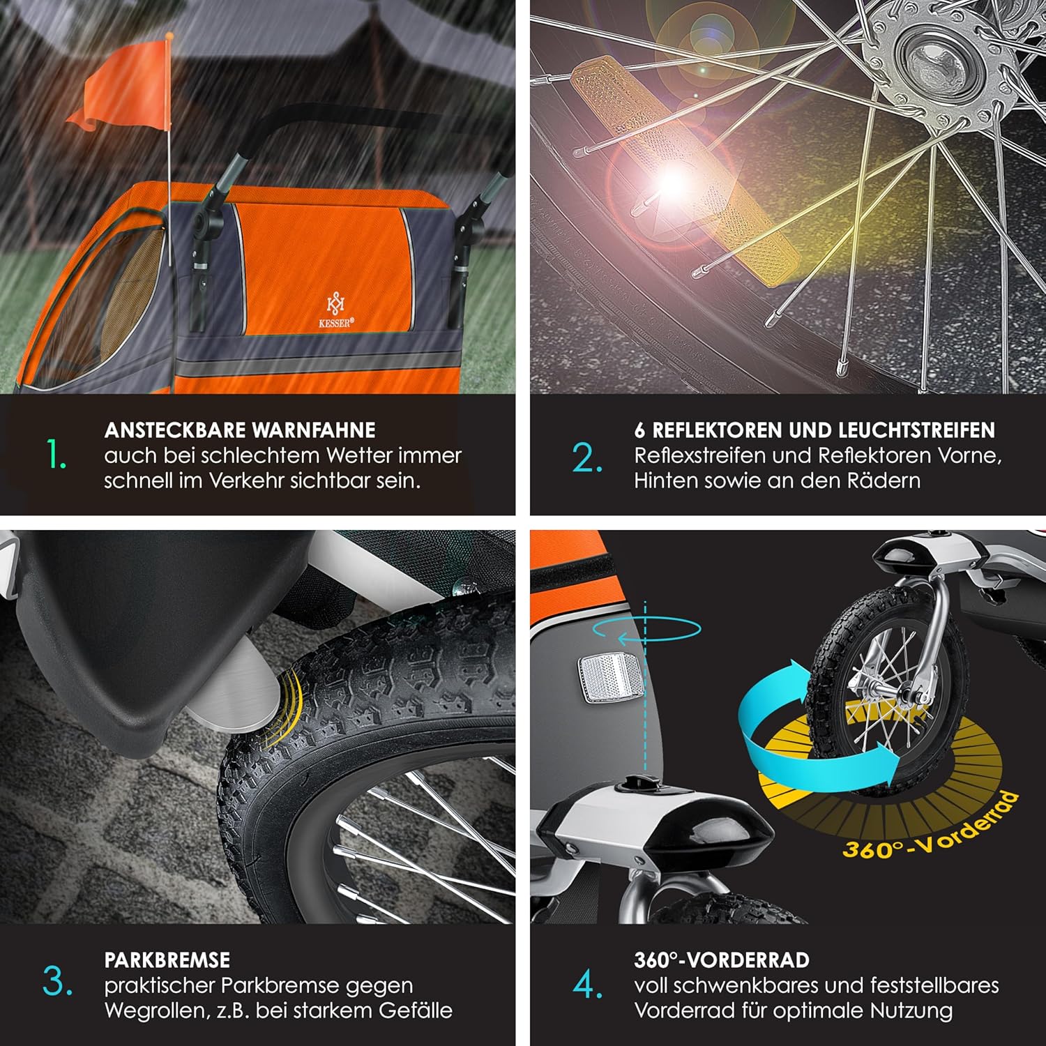 KESSER® Kinderanhänger Fahrradanhänger 360° Drehbar mit Federung 2in1 Joggerfunktion Kinderfahrradanhänger + 5-Punkt Gurt Jogger Fahrrad Anhänger für 1 bis 2 Kinder max. 40kg Inkl. Warnfahne, Orange — Ansicht 4