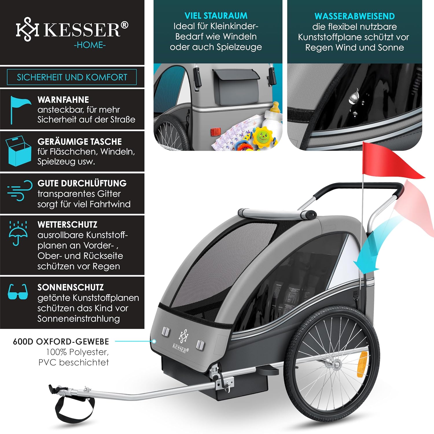 KESSER® Kinderfahrradanhänger Sport-RX 2in1 Jogger & Buggy 5-Punkt-Gurt Sicherheitsgurt 360° Vorderrad Kinderfahrradanhänger Reflektoren für 1-2 Kinder (max. 40 kg) Getränkehalter & Smartphonefach — Ansicht 3