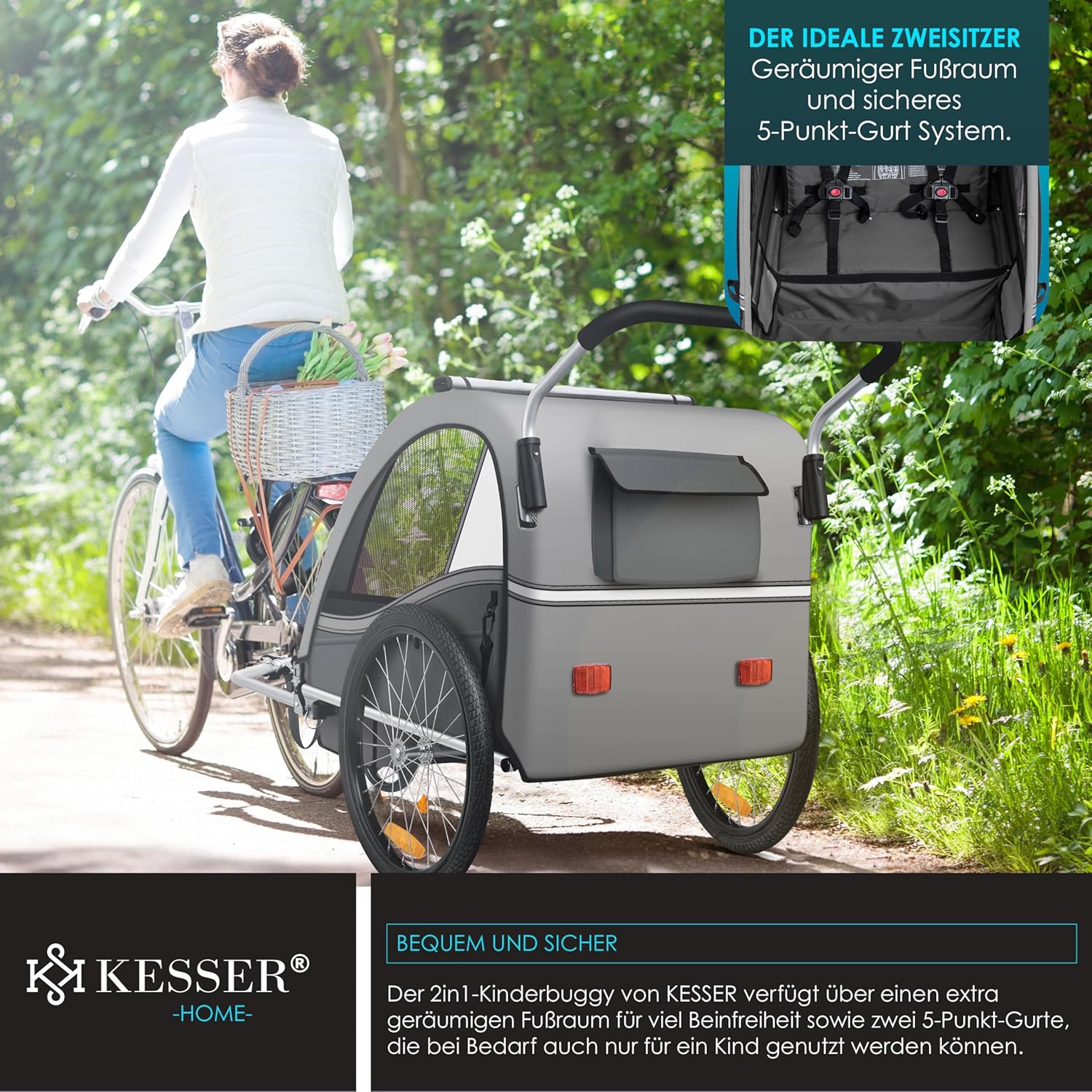 KESSER® Kinderfahrradanhänger Sport-RX 2in1 Jogger & Buggy 5-Punkt-Gurt Sicherheitsgurt 360° Vorderrad Kinderfahrradanhänger Reflektoren für 1-2 Kinder (max. 40 kg) Getränkehalter & Smartphonefach — Ansicht 5