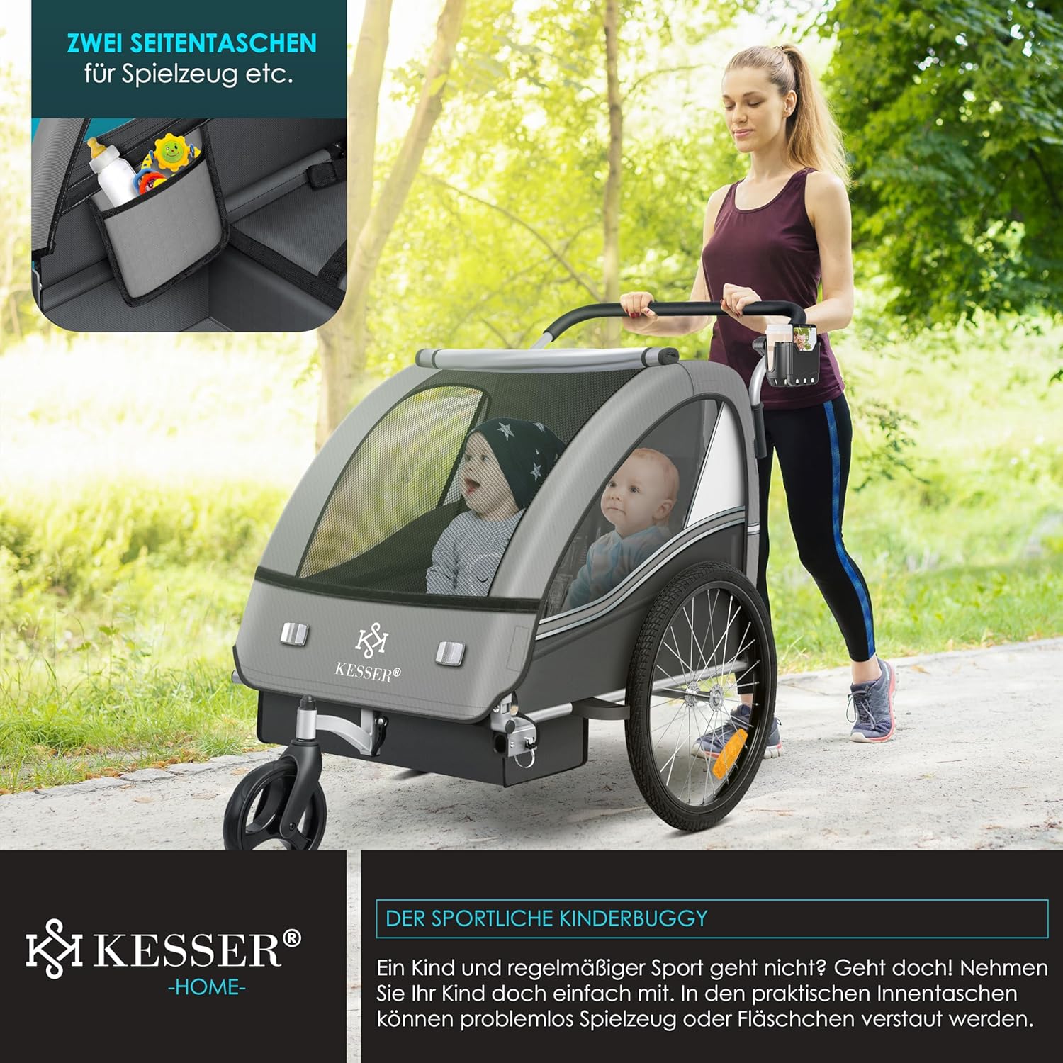 KESSER® Kinderfahrradanhänger Sport-RX 2in1 Jogger & Buggy 5-Punkt-Gurt Sicherheitsgurt 360° Vorderrad Kinderfahrradanhänger Reflektoren für 1-2 Kinder (max. 40 kg) Getränkehalter & Smartphonefach — Ansicht 6