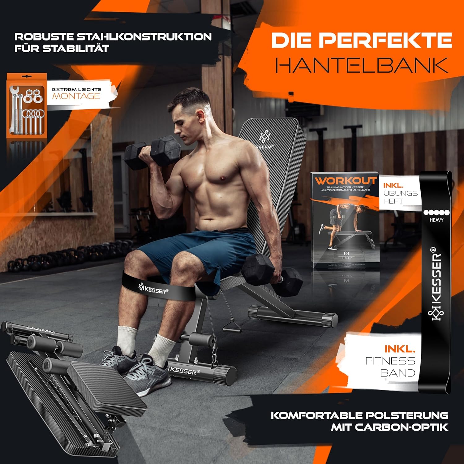 KESSER® Klappbare Hantelbank Multifunktionale Trainingsbank mit Rückenlehne 500kg Belastbarkeit | verstellbare Bank Fitnessgerät zum Bankdrücken | Ganzkörpertraining Schrägbank für Fitness & Training — Ansicht 2
