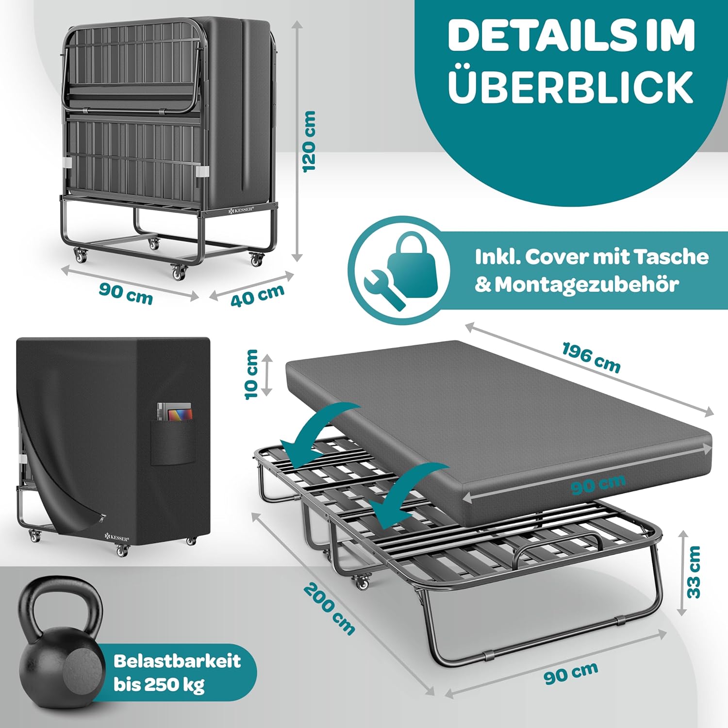 KESSER® Klappbett 200x90cm Gästebett inkl. Matratze aus Memory-Schaum & Rollen | faltbares Reisebett mit Metallrahmen für Erwachsene belastbar bis 250kg | Metallbett mit Schaumstoffmatratze & Cover — Ansicht 2