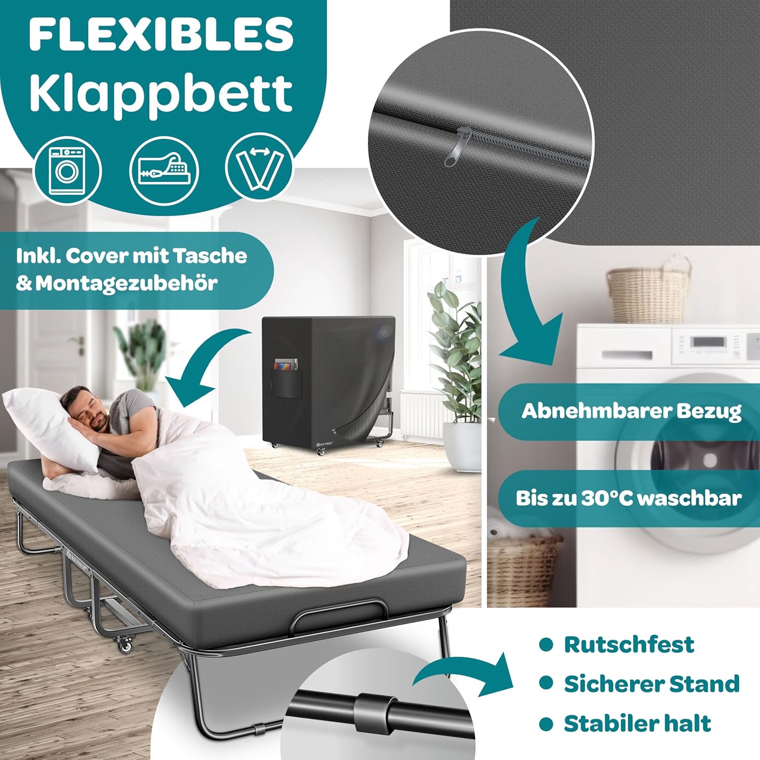 KESSER® Klappbett 200x90cm Gästebett inkl. Matratze aus Memory-Schaum & Rollen | faltbares Reisebett mit Metallrahmen für Erwachsene belastbar bis 250kg | Metallbett mit Schaumstoffmatratze & Cover — Ansicht 3