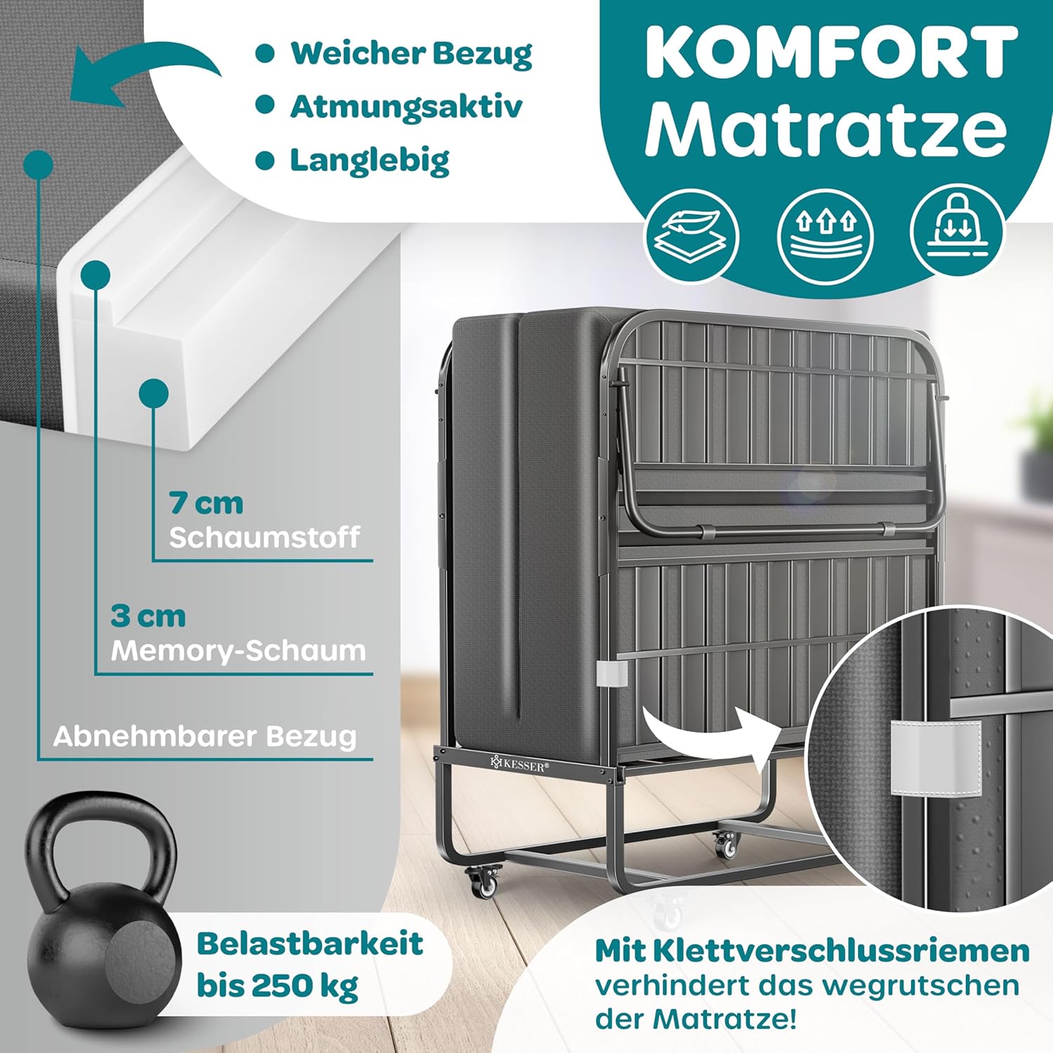 KESSER® Klappbett 200x90cm Gästebett inkl. Matratze aus Memory-Schaum & Rollen | faltbares Reisebett mit Metallrahmen für Erwachsene belastbar bis 250kg | Metallbett mit Schaumstoffmatratze & Cover — Ansicht 4