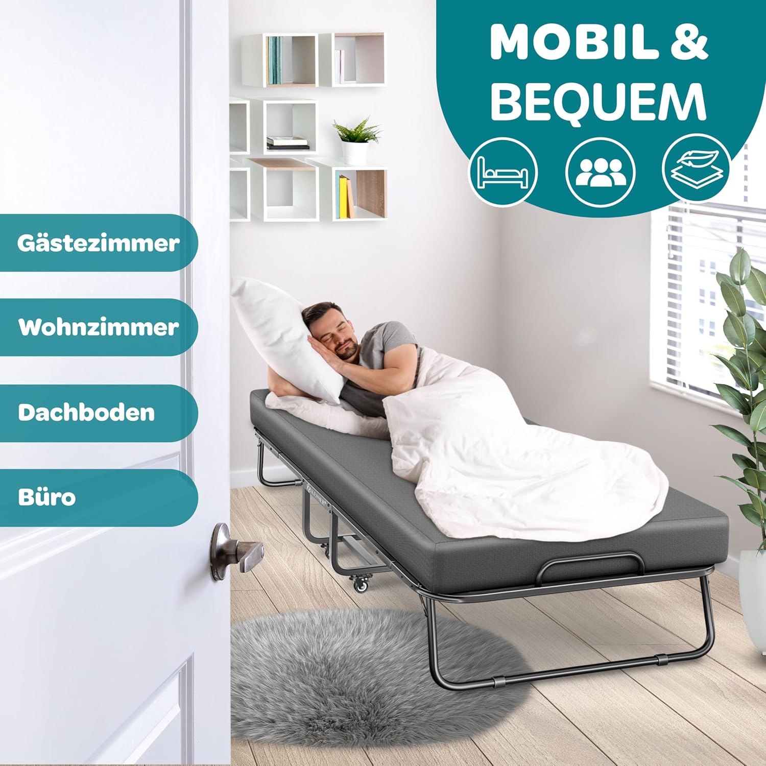 KESSER® Klappbett 200x90cm Gästebett inkl. Matratze aus Memory-Schaum & Rollen | faltbares Reisebett mit Metallrahmen für Erwachsene belastbar bis 250kg | Metallbett mit Schaumstoffmatratze & Cover — Ansicht 5