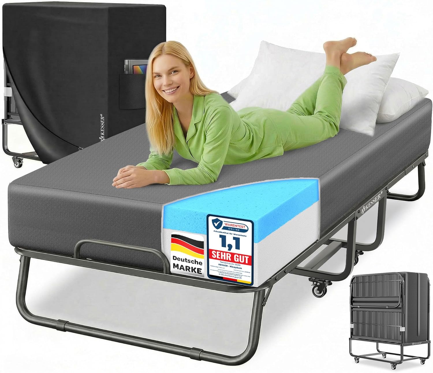 KESSER® Klappbett 200x90cm Gästebett inkl. Matratze aus Memory-Schaum & Rollen | faltbares Reisebett mit Metallrahmen für Erwachsene belastbar bis 250kg | Metallbett mit Schaumstoffmatratze & Cover