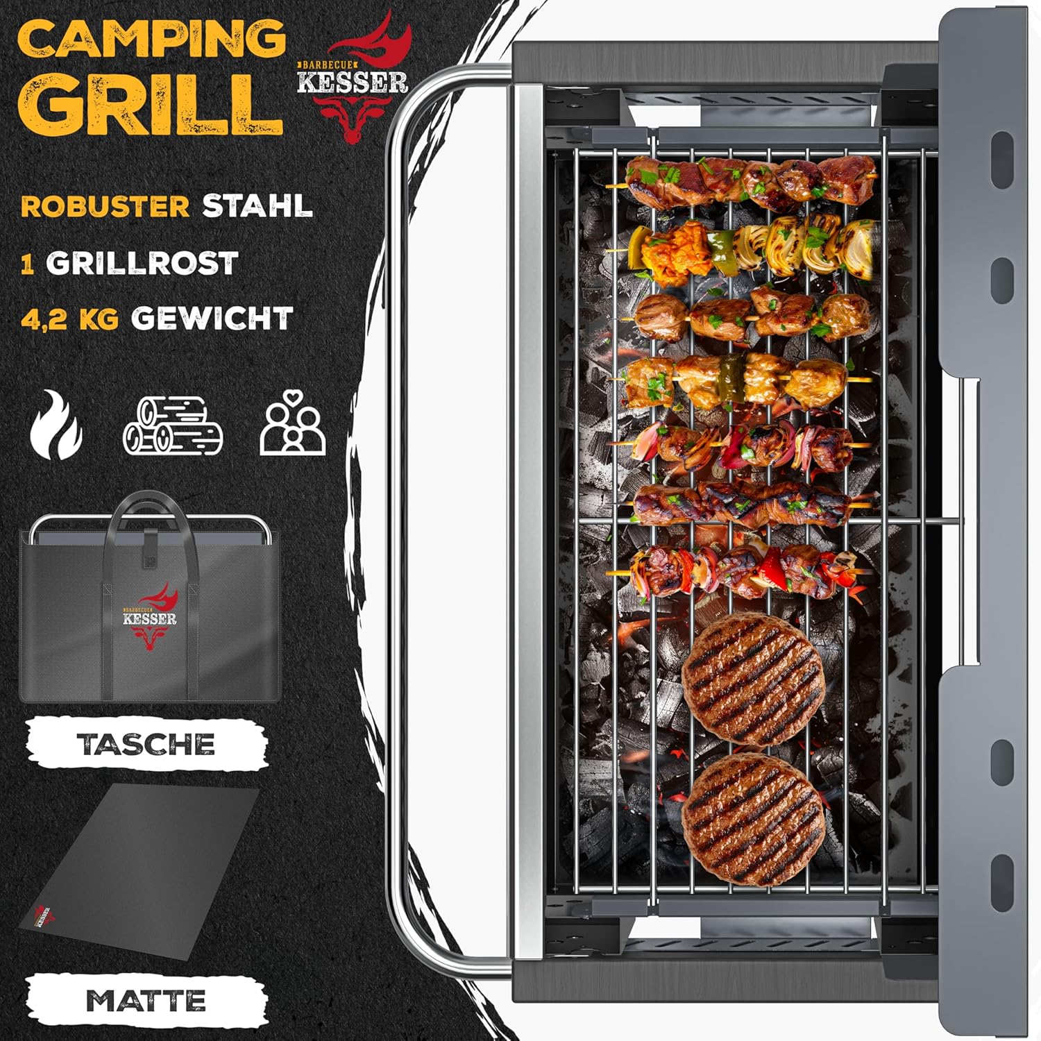 KESSER® Klappgrill tragbarer Camping Grill | Holzkohlegrill aus pulverbeschichtetem Stahl inklusive Grillrost, Grillmatte & Tragetasche | Faltbar BBQ ideal für Camping, Picknick & Angeln — Ansicht 2
