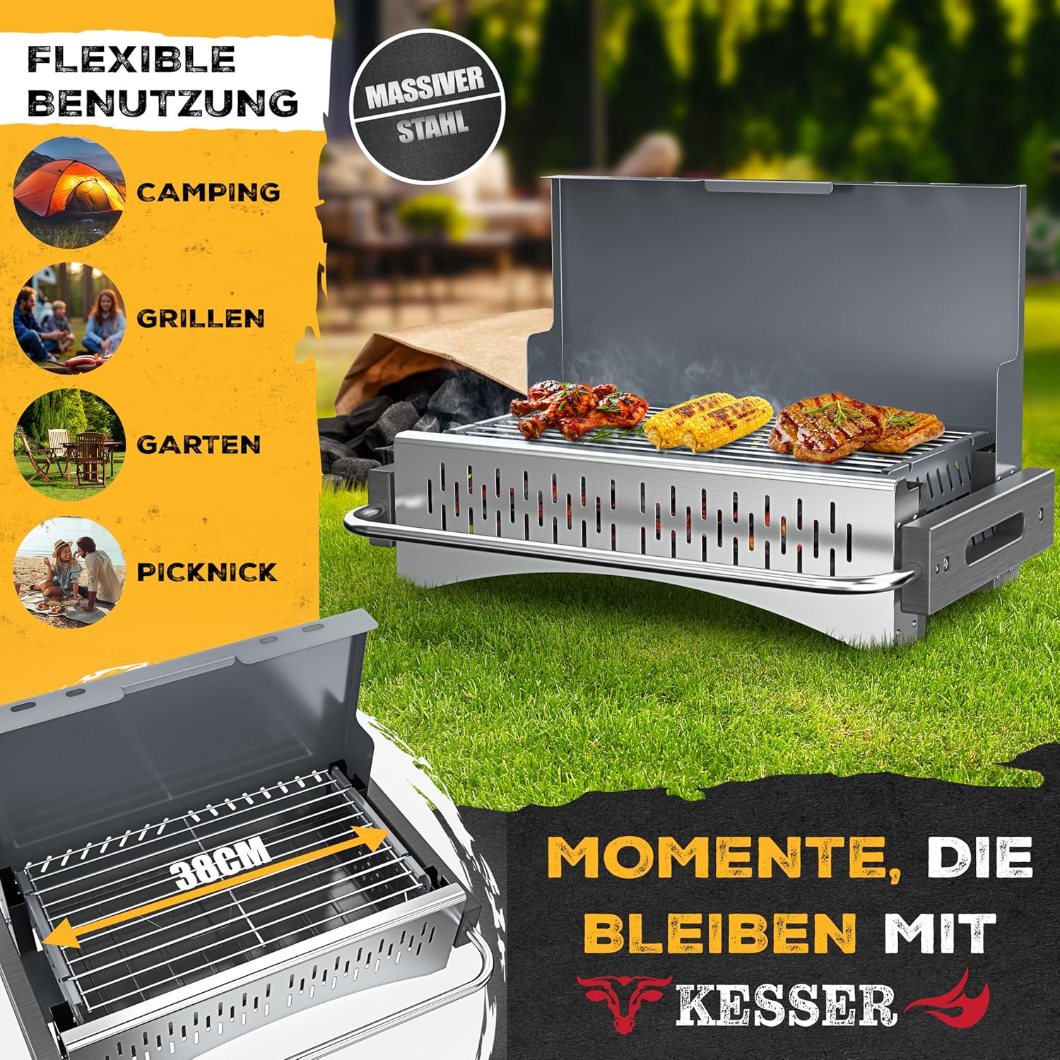 KESSER® Klappgrill tragbarer Camping Grill | Holzkohlegrill aus pulverbeschichtetem Stahl inklusive Grillrost, Grillmatte & Tragetasche | Faltbar BBQ ideal für Camping, Picknick & Angeln — Ansicht 3