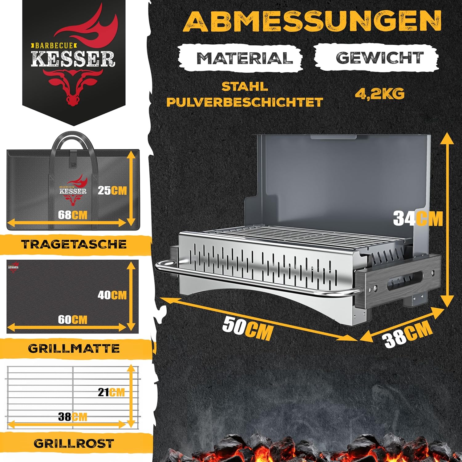 KESSER® Klappgrill tragbarer Camping Grill | Holzkohlegrill aus pulverbeschichtetem Stahl inklusive Grillrost, Grillmatte & Tragetasche | Faltbar BBQ ideal für Camping, Picknick & Angeln — Ansicht 5