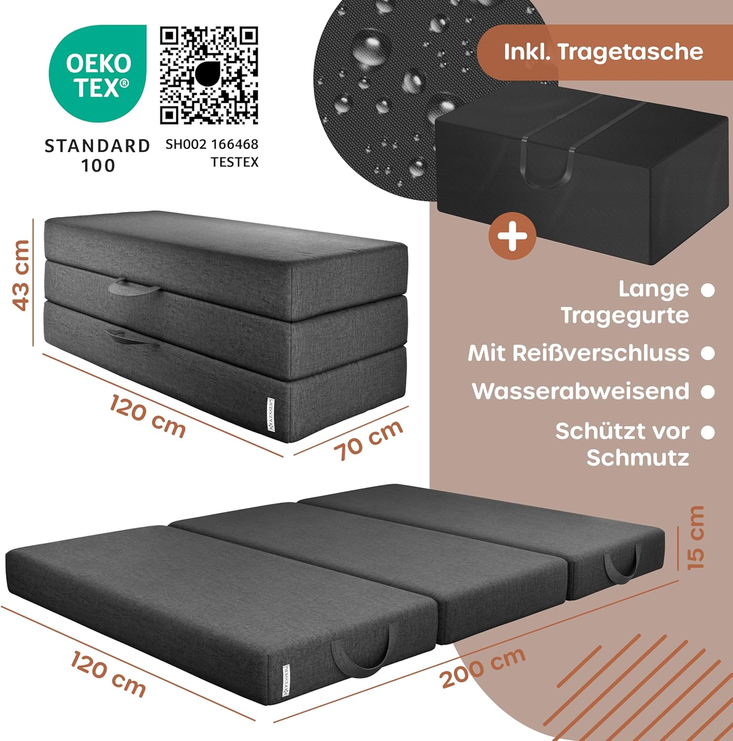 KESSER® Klappmatratze 120 x 195 x 15 cm Gästematratze 3-Fach faltbar zum Sitzhocker Faltmatratze Schaumstoff 25kg/m3 extra dick 15cm atmungsaktiv waschbar Abnehmbarer Bezug inkl. Camping Tragetasche — Ansicht 2