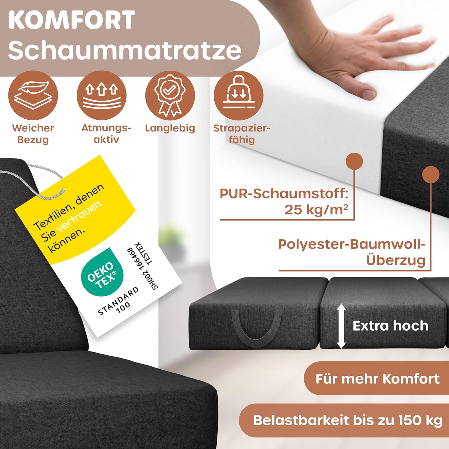 KESSER® Klappmatratze 120 x 195 x 15 cm Gästematratze 3-Fach faltbar zum Sitzhocker Faltmatratze Schaumstoff 25kg/m3 extra dick 15cm atmungsaktiv waschbar Abnehmbarer Bezug inkl. Camping Tragetasche — Ansicht 5