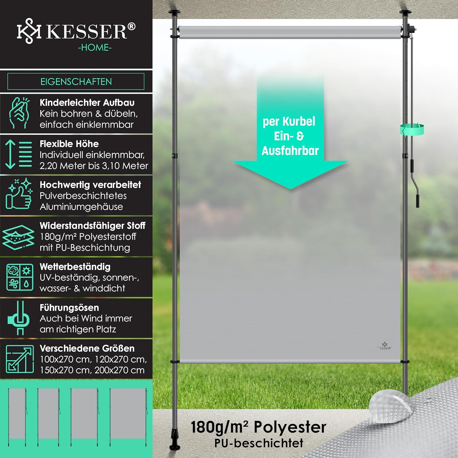 KESSER® Klemmmarkise 200x310 cm, Garten Balkon Sichtschutz wetterfest, Wind- & Sonnenschutz, Senkrechtmarkise mit Handkurbel ohne Bohren, Ausziehbar, wasserdicht & UV-beständig, Grau — Ansicht 2