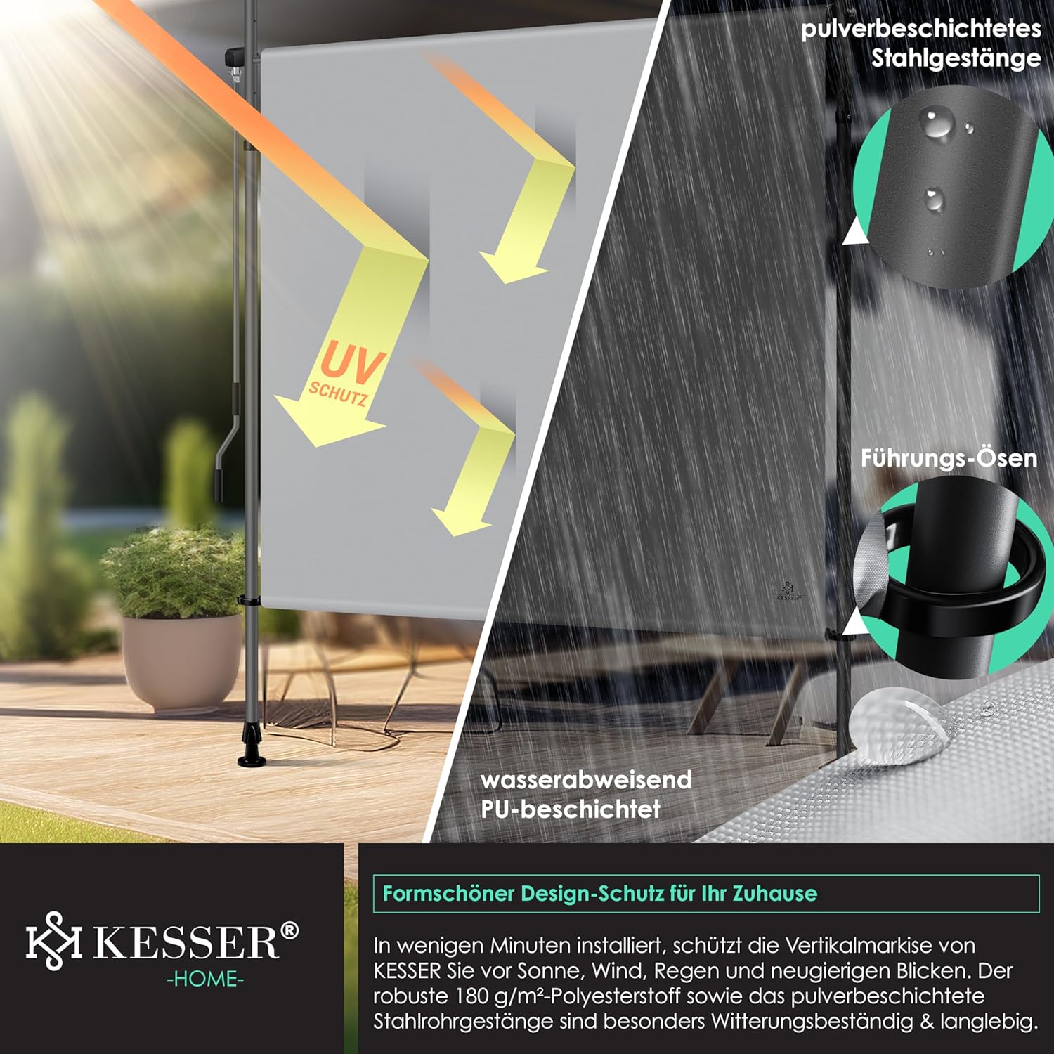 KESSER® Klemmmarkise 200x310 cm, Garten Balkon Sichtschutz wetterfest, Wind- & Sonnenschutz, Senkrechtmarkise mit Handkurbel ohne Bohren, Ausziehbar, wasserdicht & UV-beständig, Grau — Ansicht 3