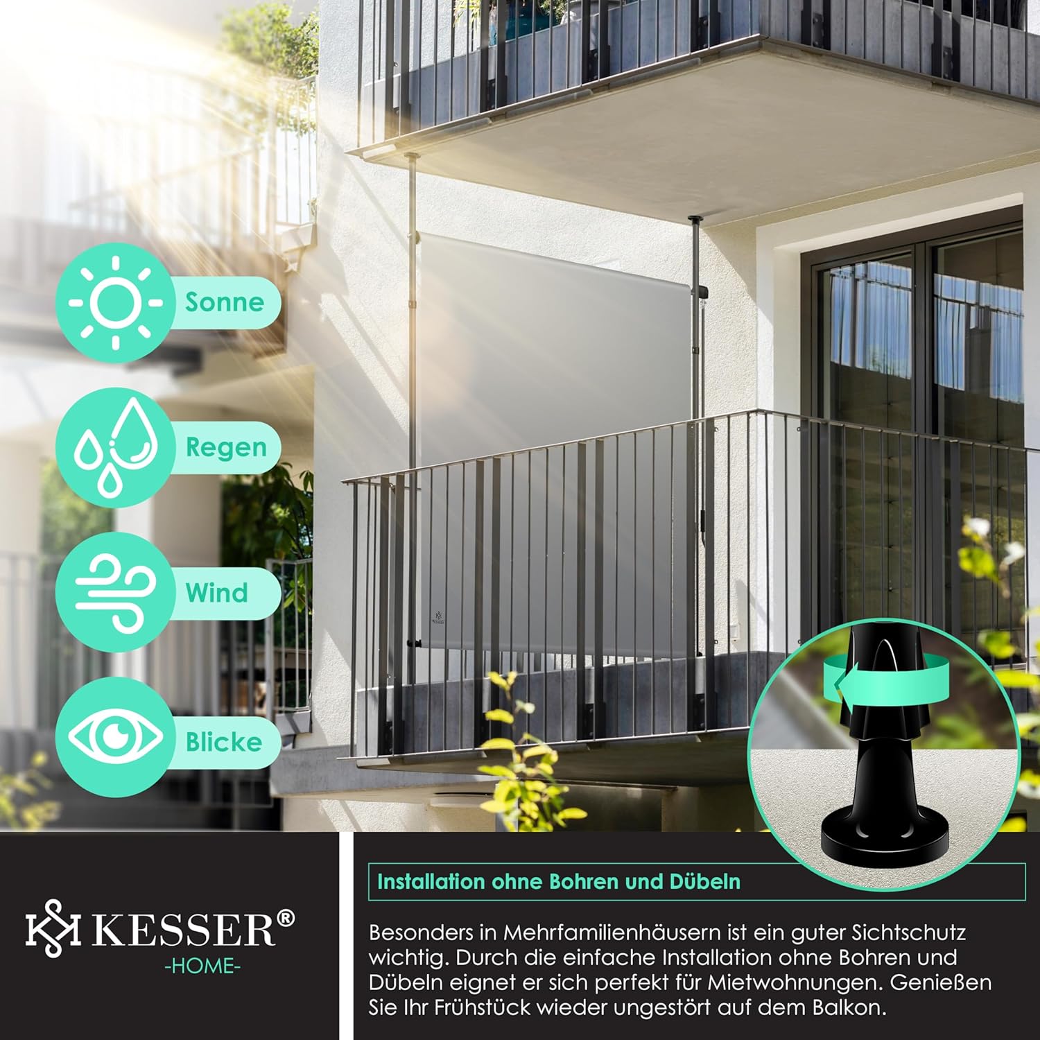 KESSER® Klemmmarkise 200x310 cm, Garten Balkon Sichtschutz wetterfest, Wind- & Sonnenschutz, Senkrechtmarkise mit Handkurbel ohne Bohren, Ausziehbar, wasserdicht & UV-beständig, Grau — Ansicht 4