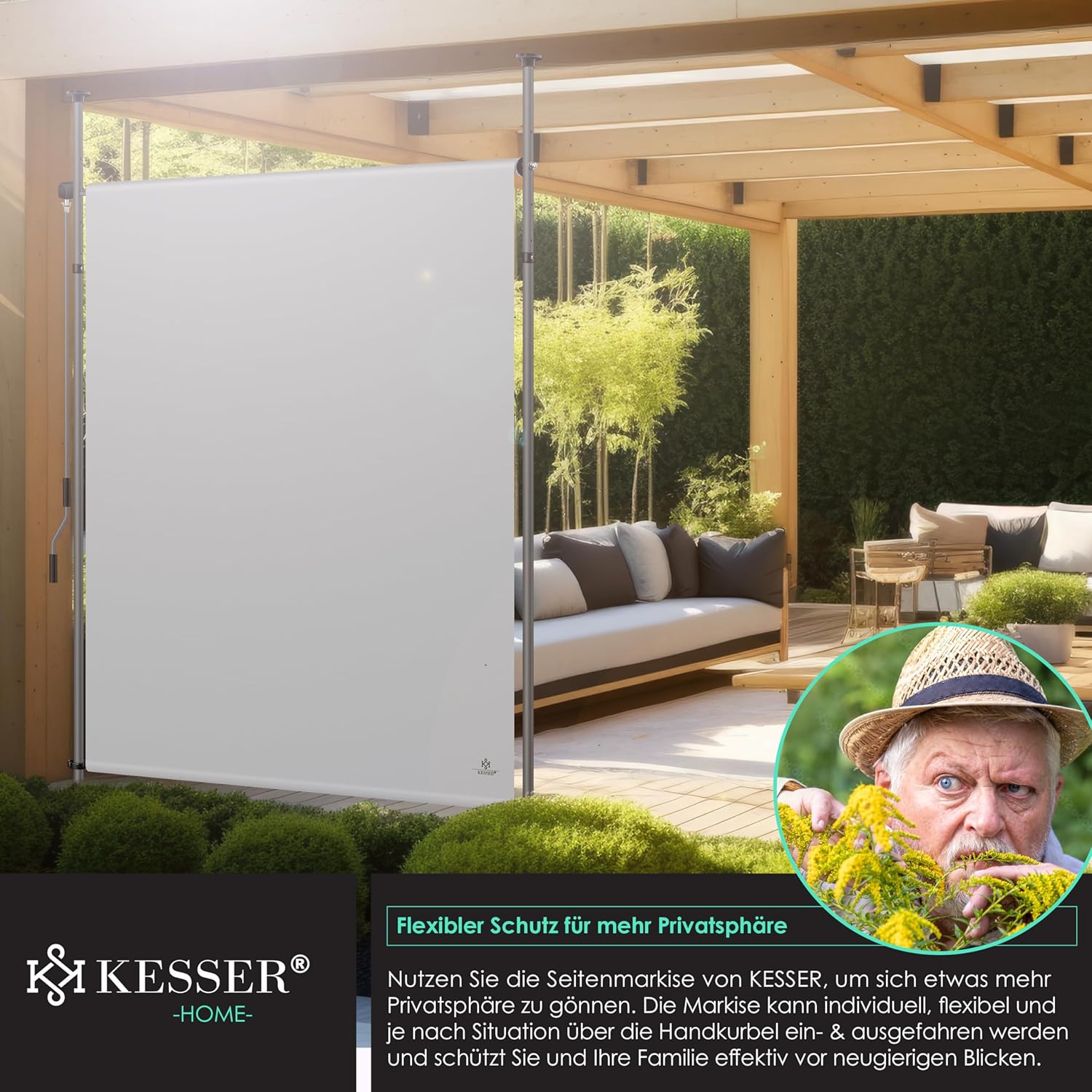 KESSER® Klemmmarkise 200x310 cm, Garten Balkon Sichtschutz wetterfest, Wind- & Sonnenschutz, Senkrechtmarkise mit Handkurbel ohne Bohren, Ausziehbar, wasserdicht & UV-beständig, Grau — Ansicht 5