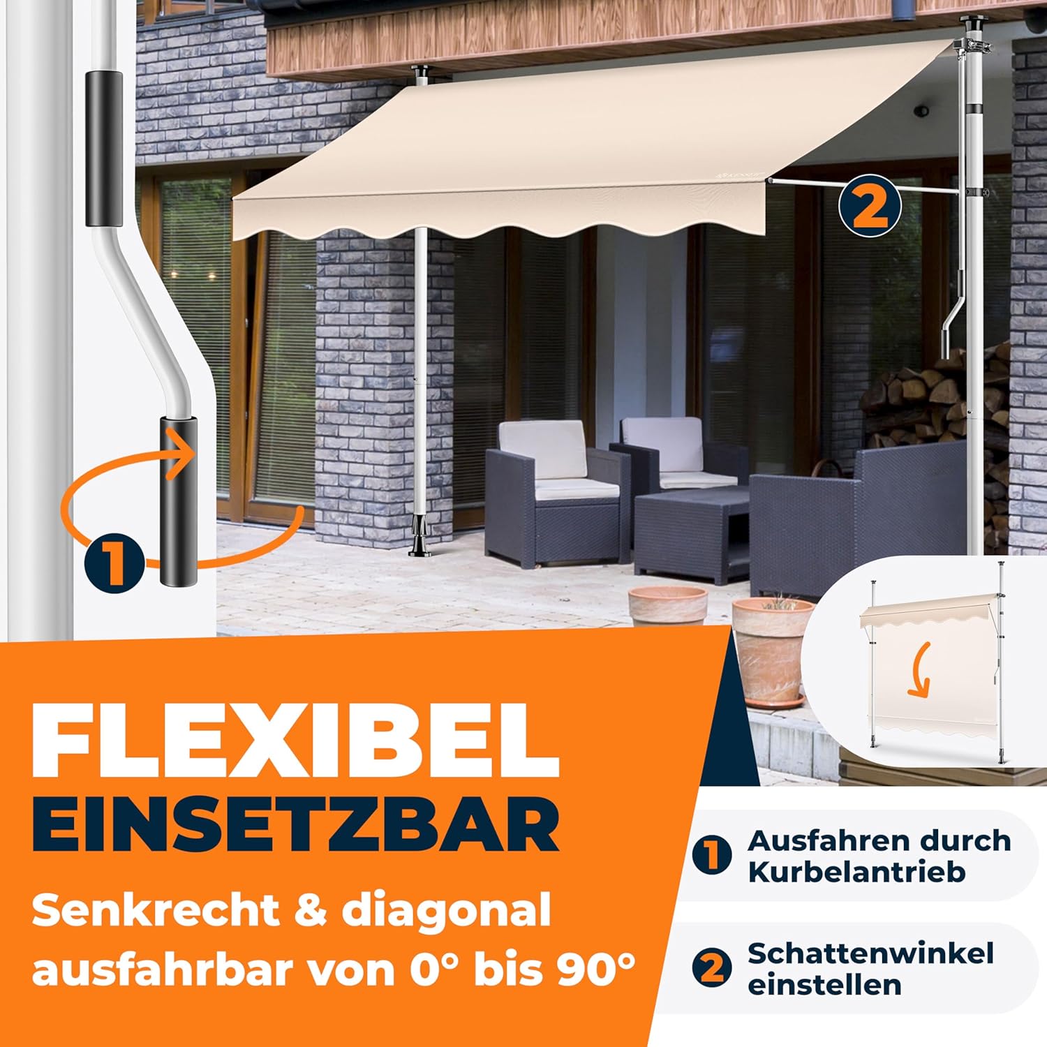 KESSER® Klemmmarkise mit Handkurbel Balkon | Balkonmarkise ohne Bohren | Markise UV-beständig höhenverstellbar & wasserabweisend | Sonnenschutz für Balkon Terrasse & Garten, Terrassenüberdachung 300cm — Ansicht 2