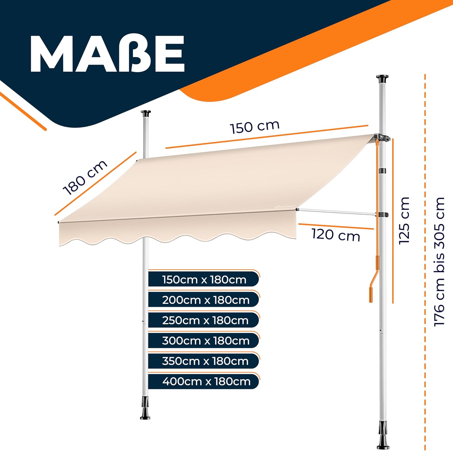 KESSER® Klemmmarkise mit Handkurbel Balkon | Balkonmarkise ohne Bohren | Markise UV-beständig höhenverstellbar & wasserabweisend | Sonnenschutz für Balkon Terrasse & Garten, Terrassenüberdachung 300cm — Ansicht 5
