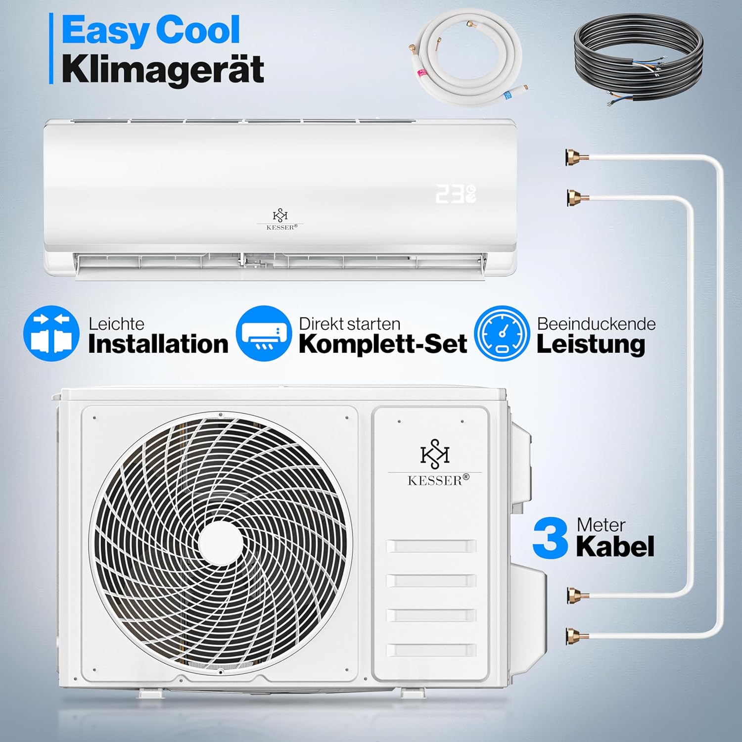 KESSER® Klimaanlage Set Split, WiFi/App Funktion Klimagerät, Kühlen A++/Heizen A+, 9000 BTU/h (2.600W) sehr leise, Kältemittel R32, Fernbedienung, Timerfunktion, Montagematerial, Weiß — Ansicht 2