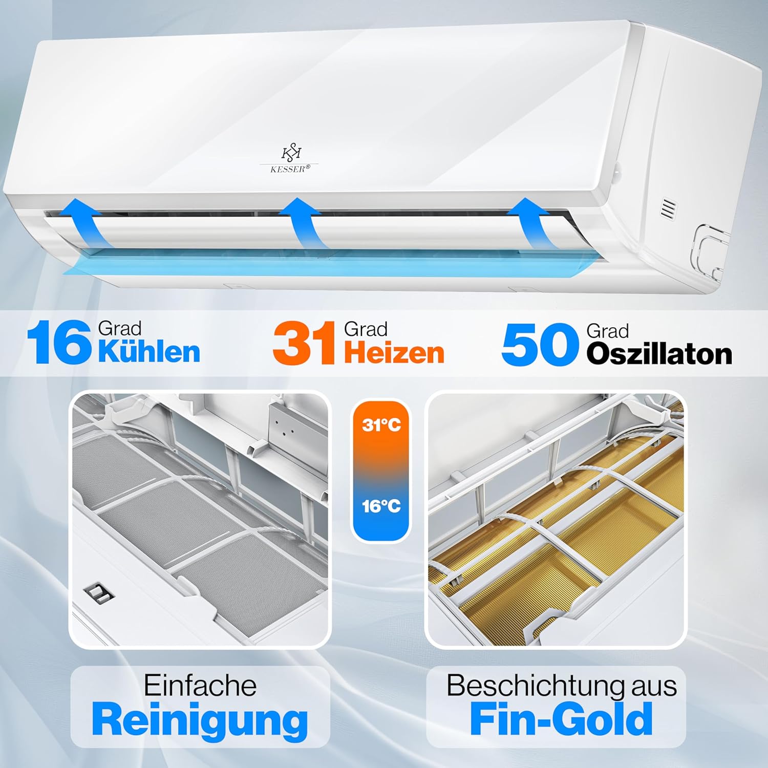 KESSER® Klimaanlage Set Split, WiFi/App Funktion Klimagerät, Kühlen A++/Heizen A+, 9000 BTU/h (2.600W) sehr leise, Kältemittel R32, Fernbedienung, Timerfunktion, Montagematerial, Weiß — Ansicht 3