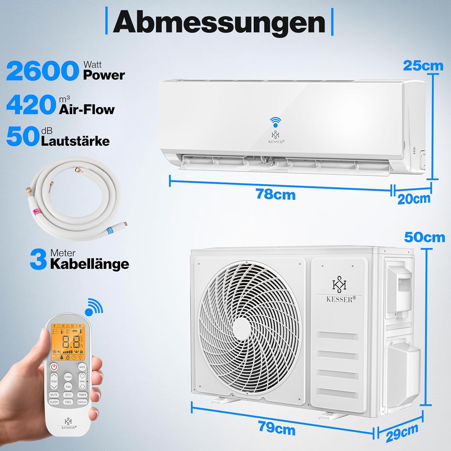 KESSER® Klimaanlage Set Split, WiFi/App Funktion Klimagerät, Kühlen A++/Heizen A+, 9000 BTU/h (2.600W) sehr leise, Kältemittel R32, Fernbedienung, Timerfunktion, Montagematerial, Weiß — Ansicht 6