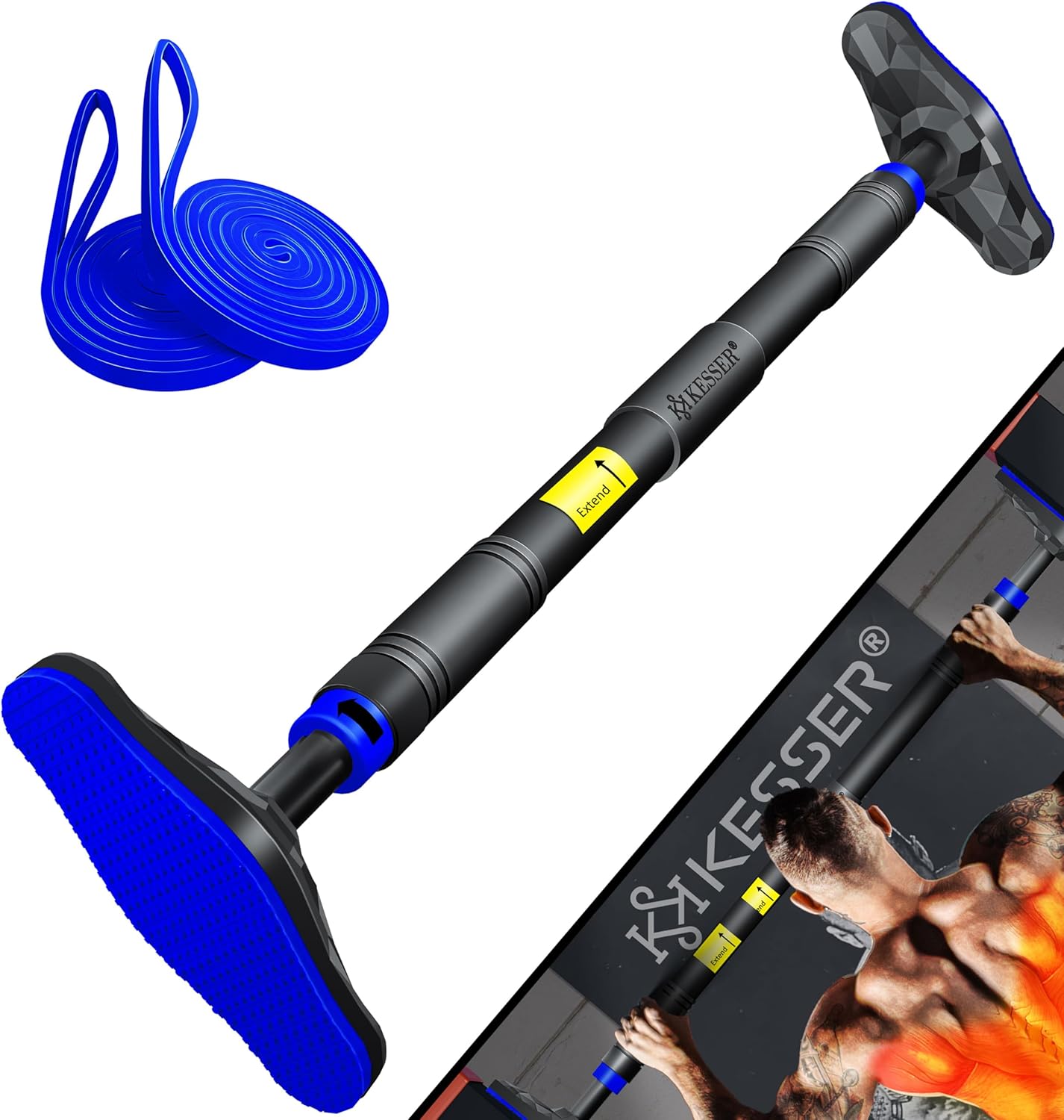 KESSER® Klimmzugstange Türrahmen verstellbar, Pull Up Bar Heimturnhalle, Reckstange ohne Schrauben/Bohren, 68-106 cm Ausziehbar, Tragfähigkeit bis zu 300Kg & rutschfeste Griffe, inkl. Resistenzbänder