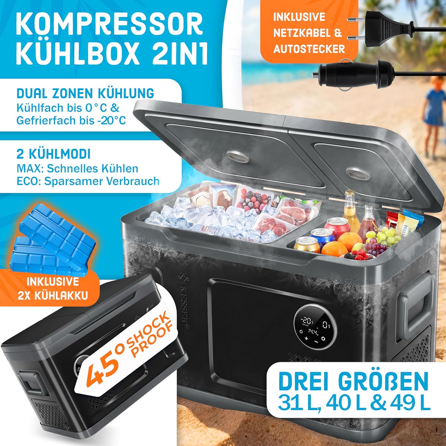 KESSER® Kompressor Kühlbox 2in1 Doppelzone Kühl & Gefrierfach elektrische Gefrierbox mit 2x Kühlakkus & LED-Touch-Bedienung | Kühlschrank Kühlung bis -20 °C für Camping, Auto, Lkw 12/24V 230V — Ansicht 2